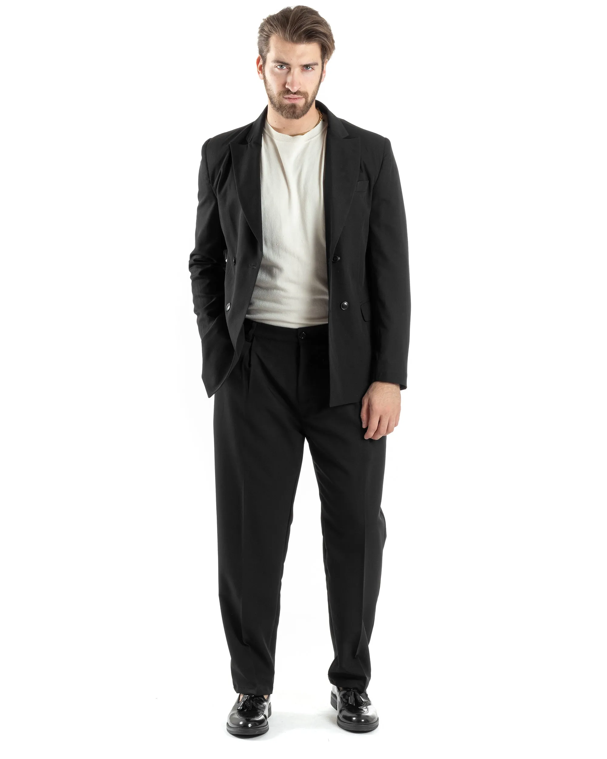 Abito Uomo Doppiopetto Vestito Oversize Completo Giacca Pantaloni Palazzo Fondo Largo Nero GIOSAL-AE1043A