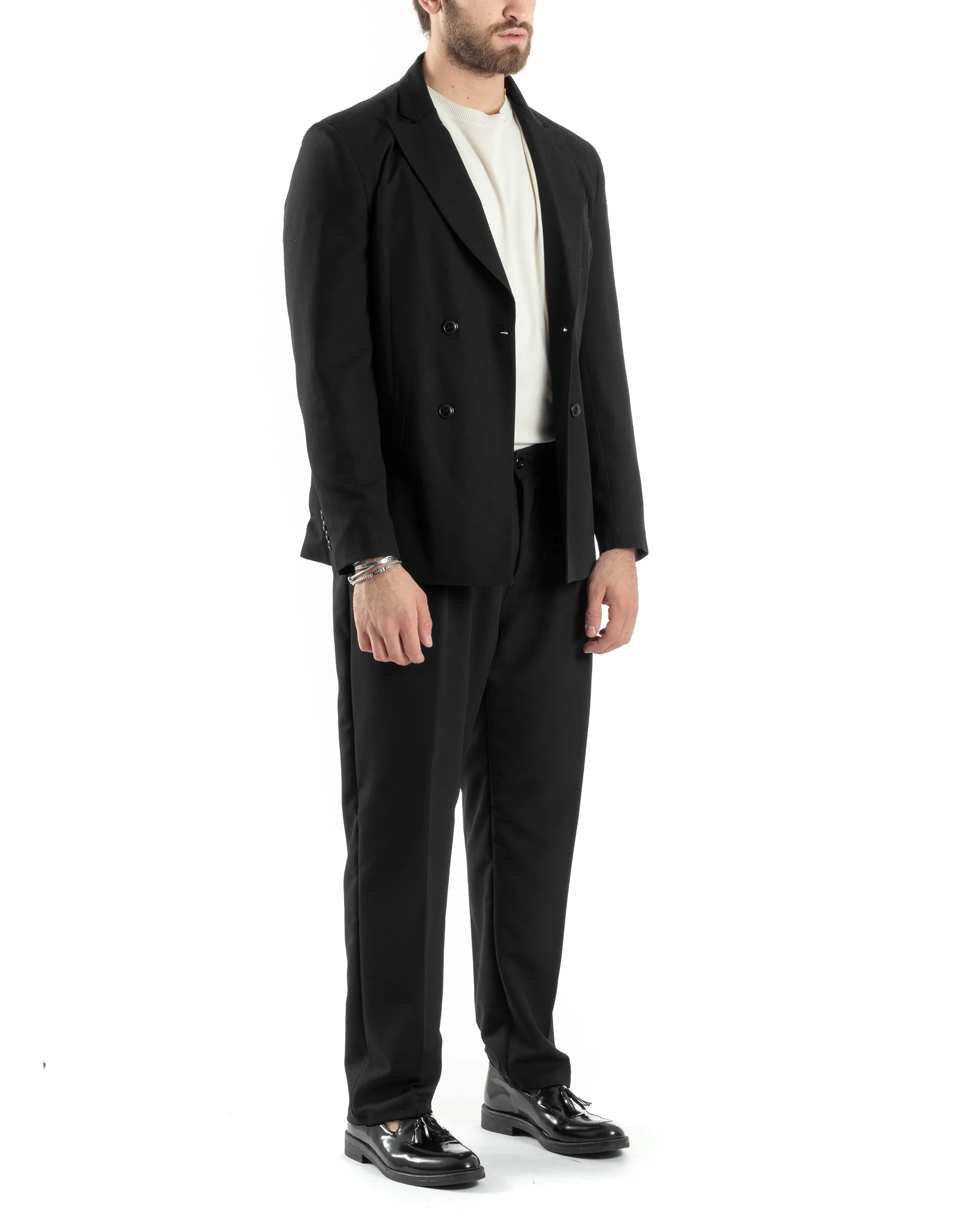 Abito Uomo Doppiopetto Vestito Oversize Completo Giacca Pantaloni Palazzo Fondo Largo Nero GIOSAL-AE1043A