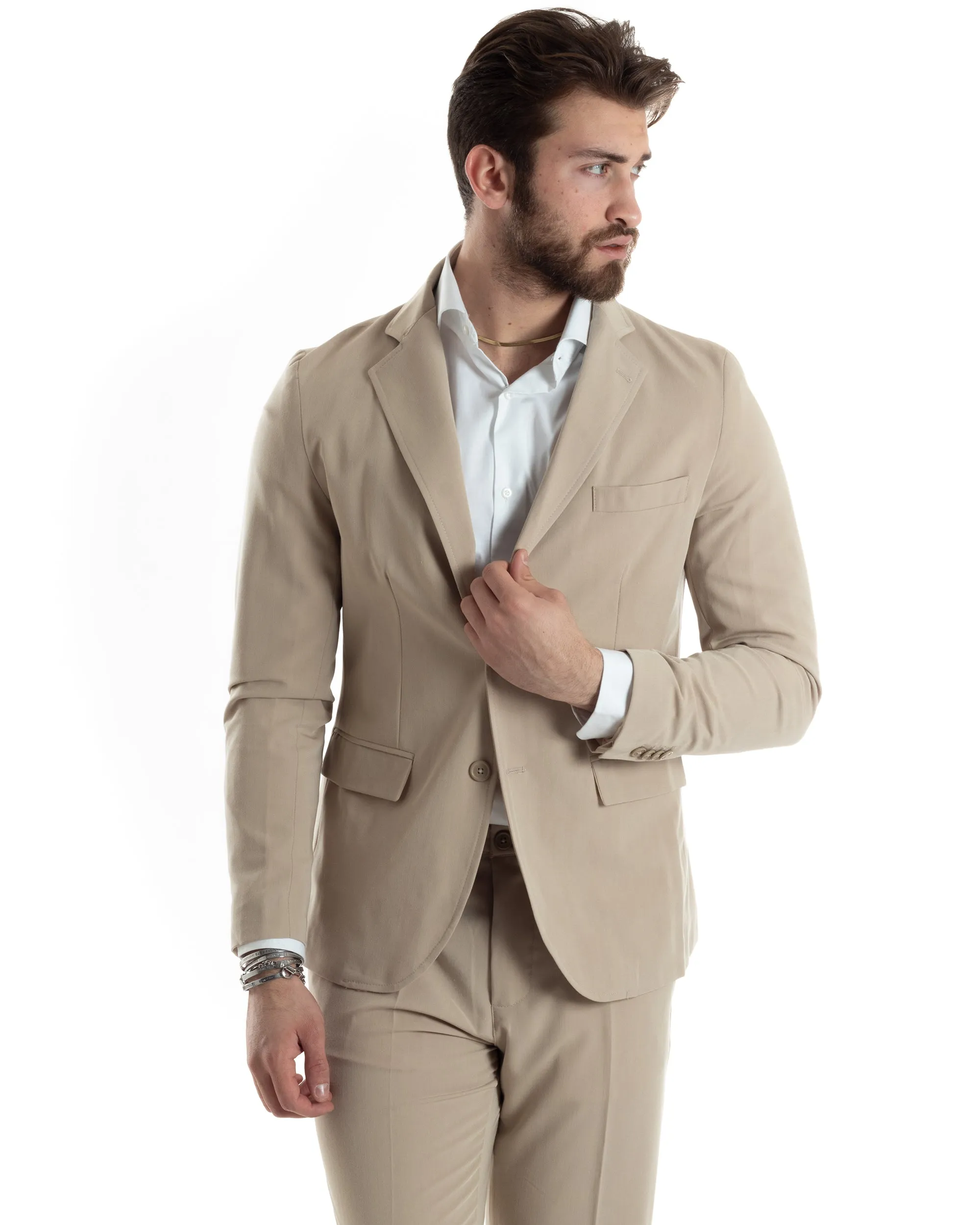 Abito Uomo Monopetto Vestito Completo Giacca Pantaloni Beige Tinta Unita Elegante Casual GIOSAL-AE1031A