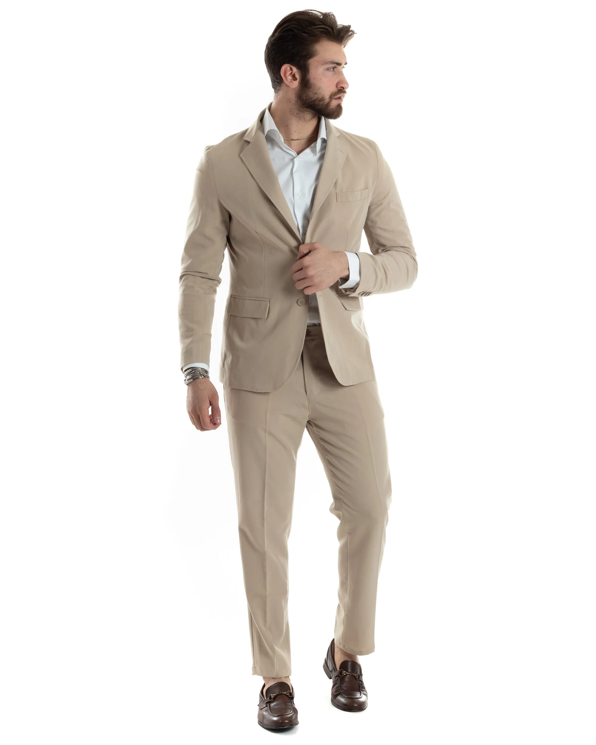 Abito Uomo Monopetto Vestito Completo Giacca Pantaloni Beige Tinta Unita Elegante Casual GIOSAL-AE1031A