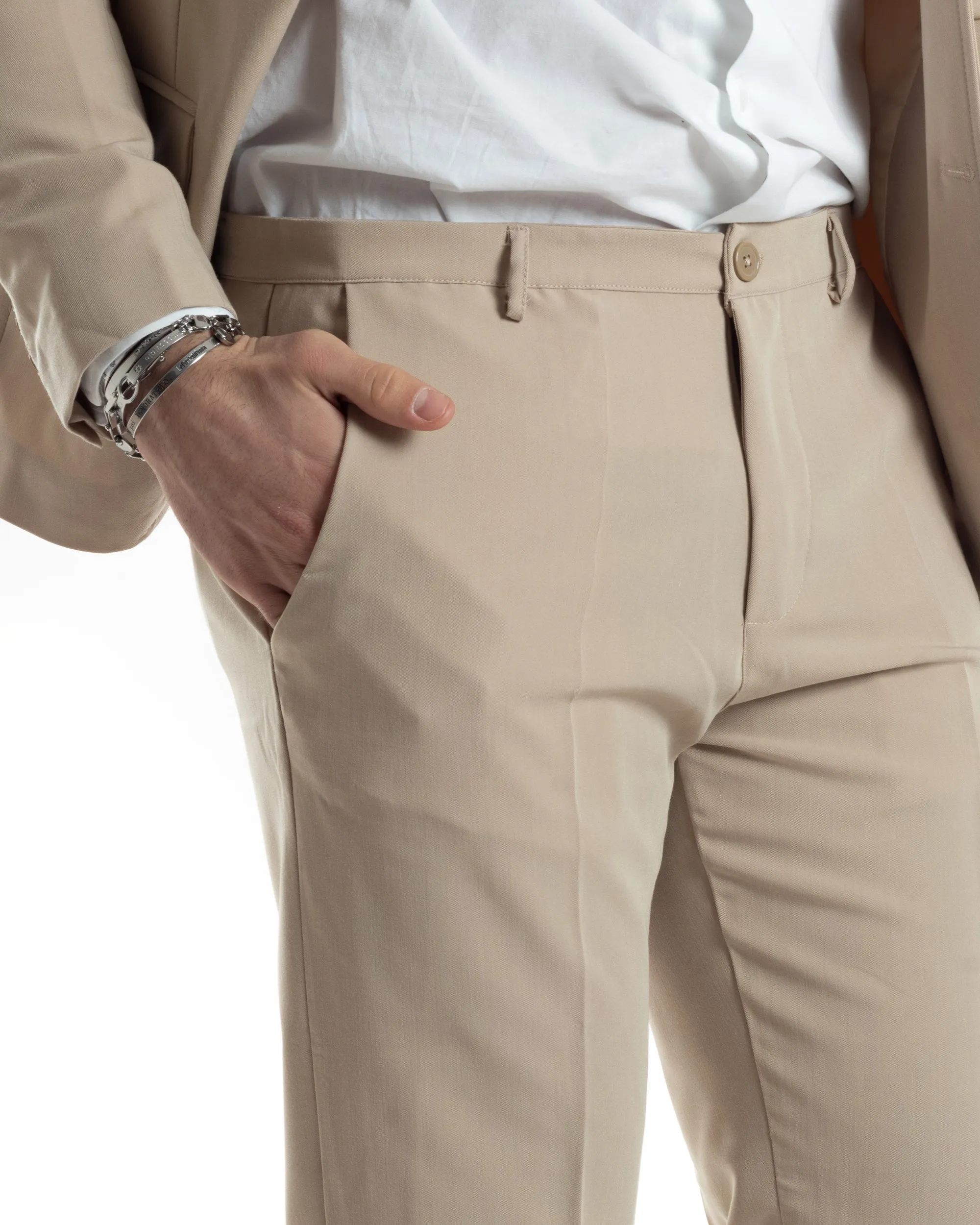 Abito Uomo Monopetto Vestito Completo Giacca Pantaloni Beige Tinta Unita Elegante Casual GIOSAL-AE1031A