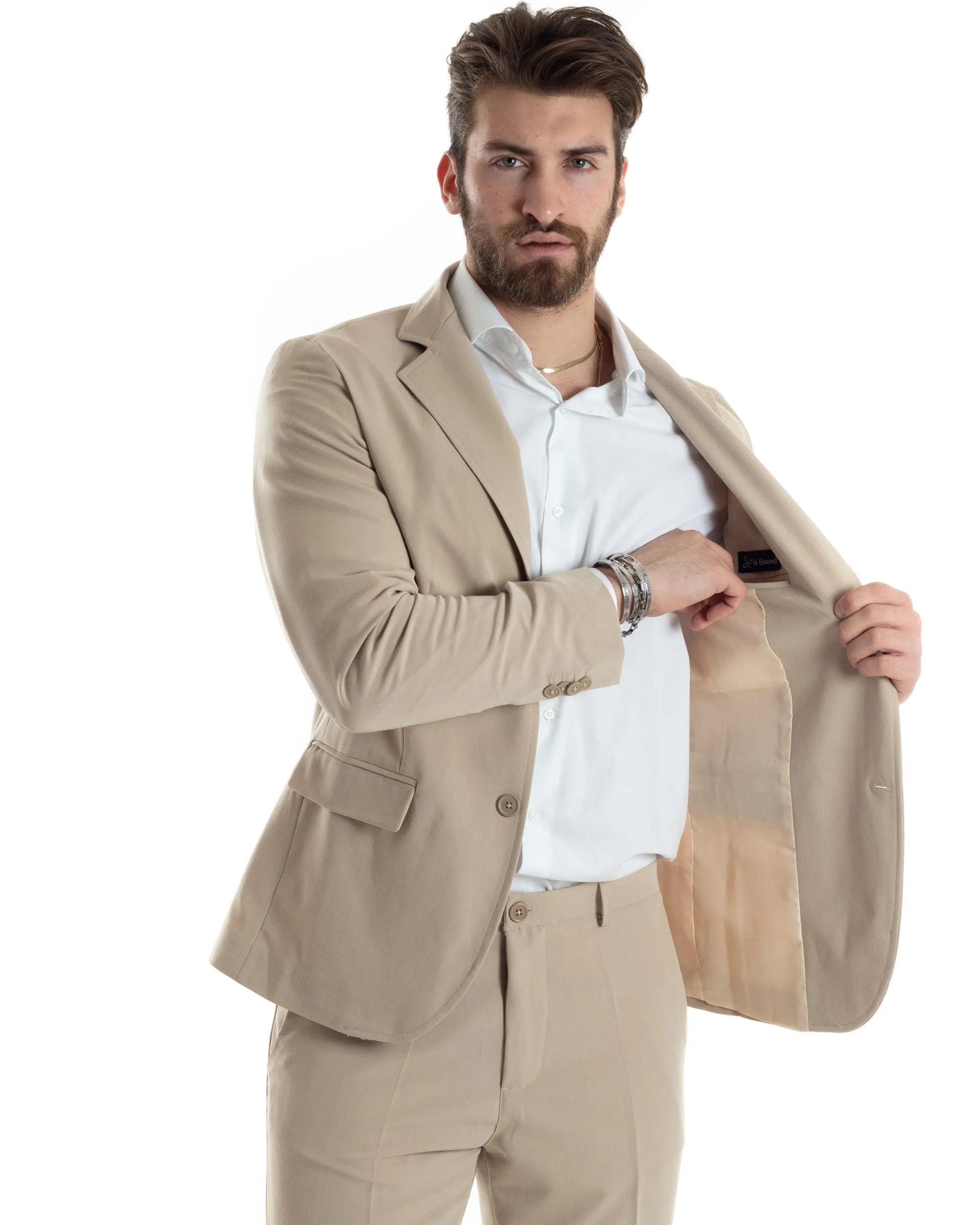 Abito Uomo Monopetto Vestito Completo Giacca Pantaloni Beige Tinta Unita Elegante Casual GIOSAL-AE1031A