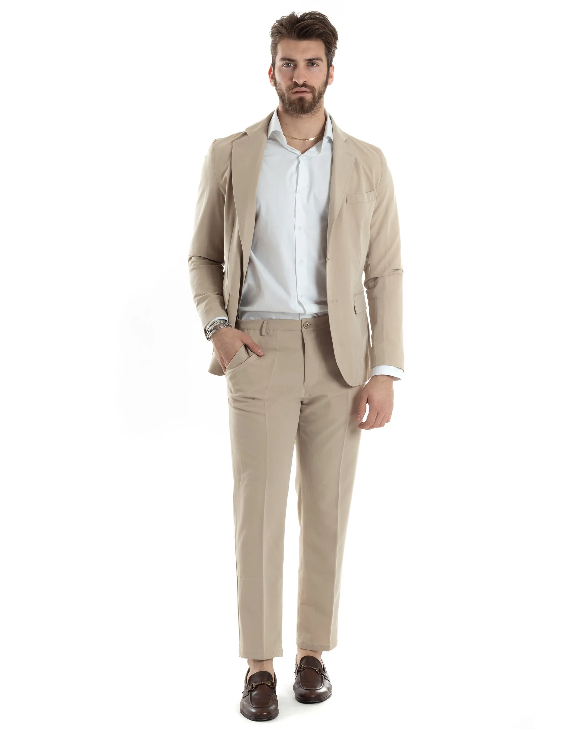 Abito Uomo Monopetto Vestito Completo Giacca Pantaloni Beige Tinta Unita Elegante Casual GIOSAL-AE1031A