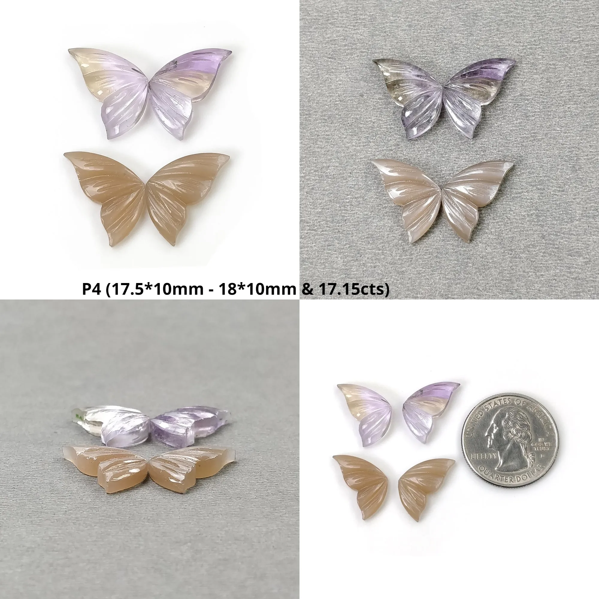 AMATRINE And PEACH MOONSTONE Gemstone Carving : Natural Untreated Unheated Moonstone Hand Carved Butterfly 2 Pairs