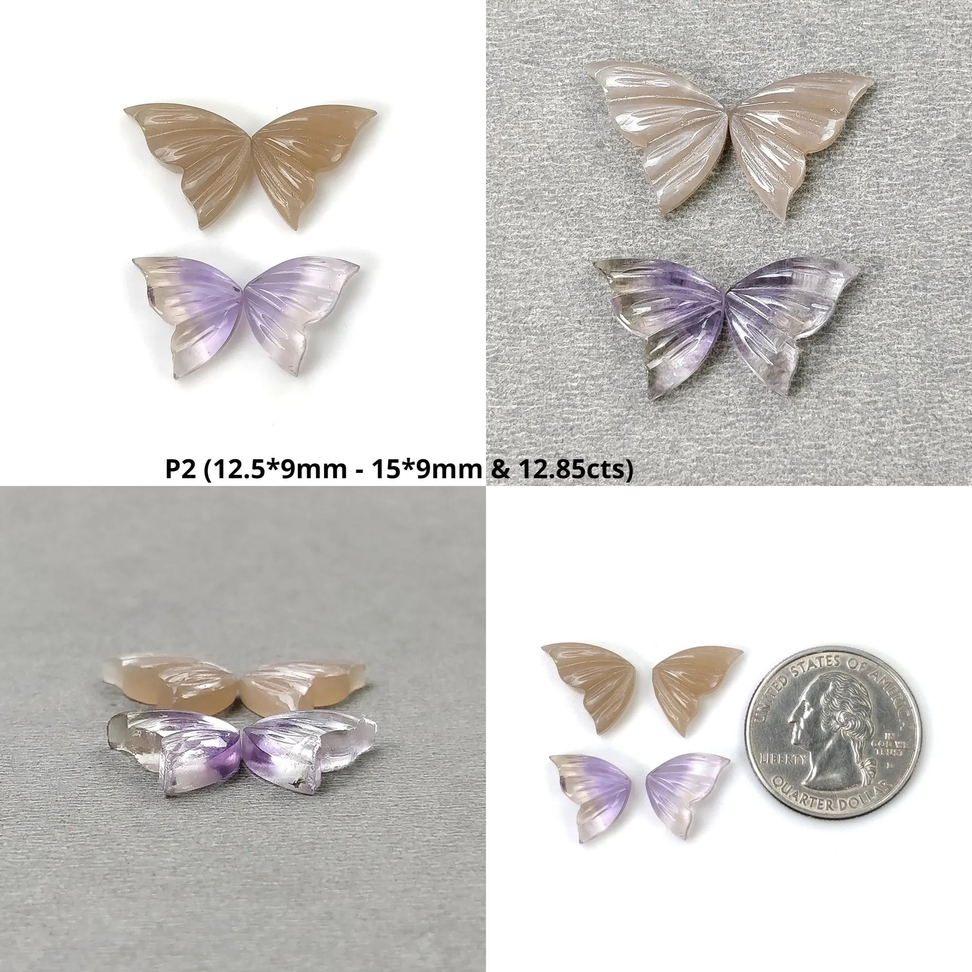 AMATRINE And PEACH MOONSTONE Gemstone Carving : Natural Untreated Unheated Moonstone Hand Carved Butterfly 2 Pairs