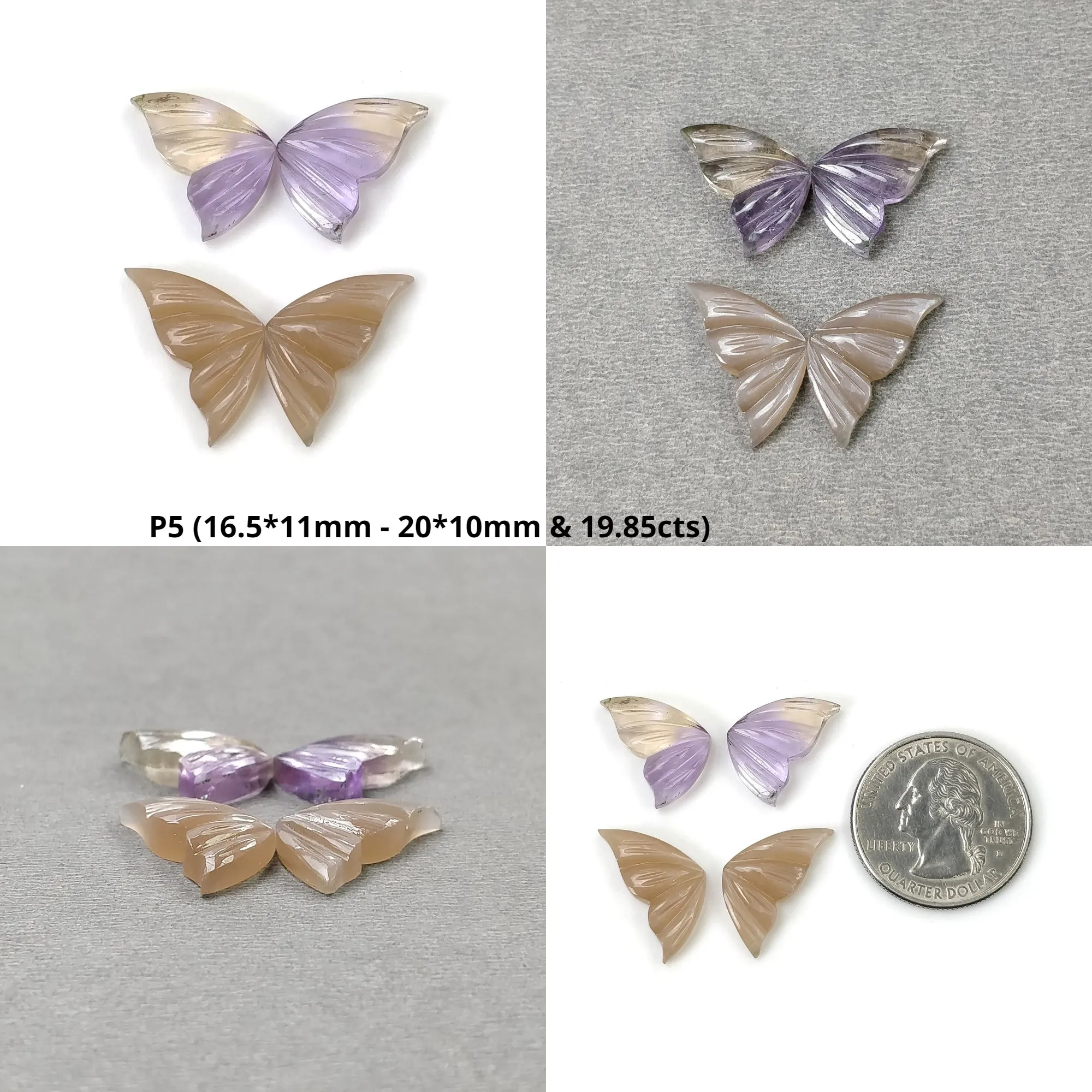 AMATRINE And PEACH MOONSTONE Gemstone Carving : Natural Untreated Unheated Moonstone Hand Carved Butterfly 2 Pairs