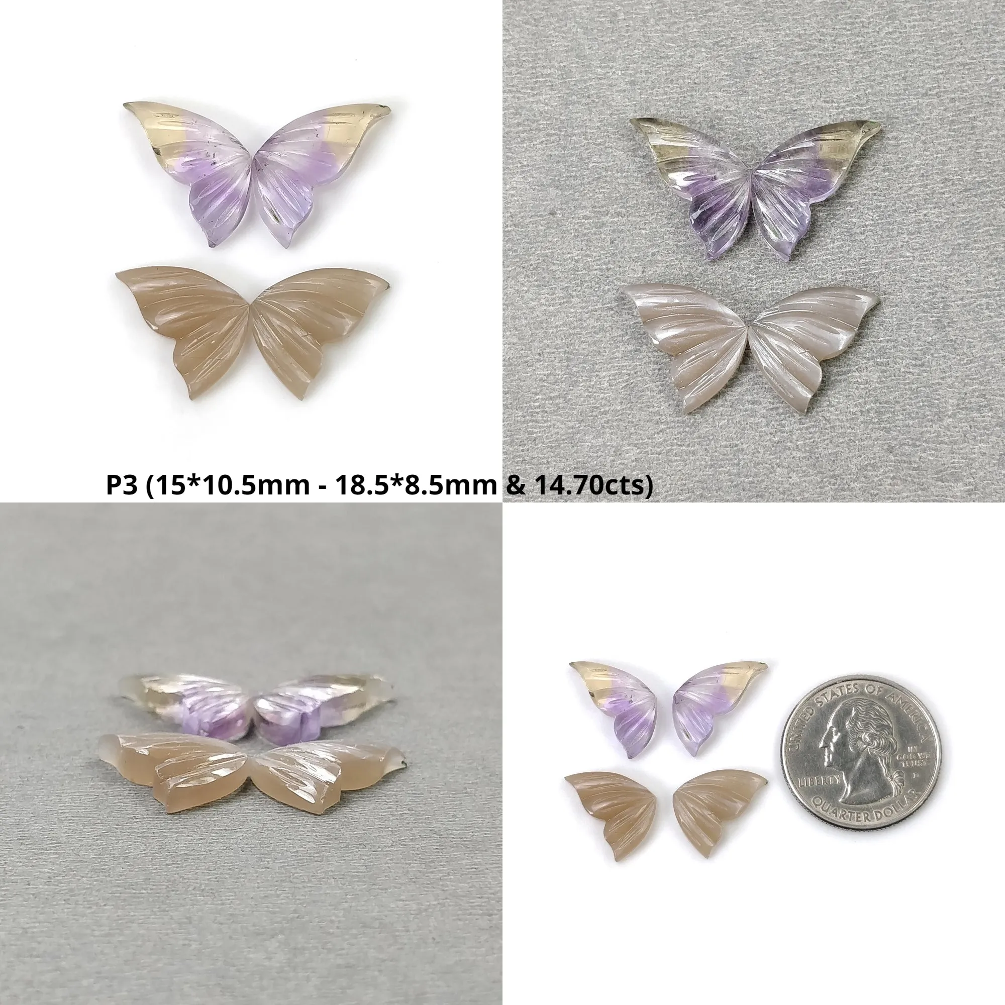 AMATRINE And PEACH MOONSTONE Gemstone Carving : Natural Untreated Unheated Moonstone Hand Carved Butterfly 2 Pairs