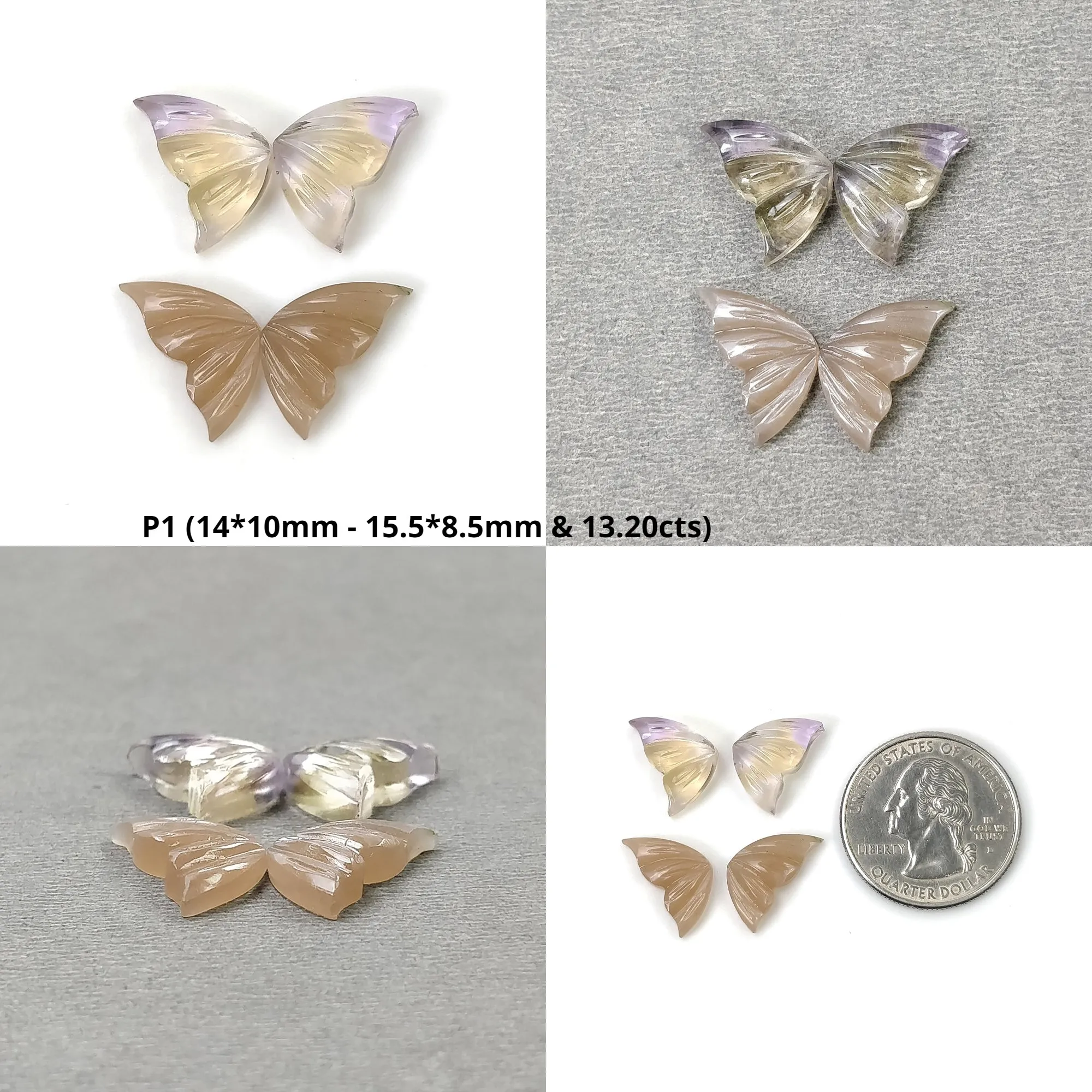 AMATRINE And PEACH MOONSTONE Gemstone Carving : Natural Untreated Unheated Moonstone Hand Carved Butterfly 2 Pairs