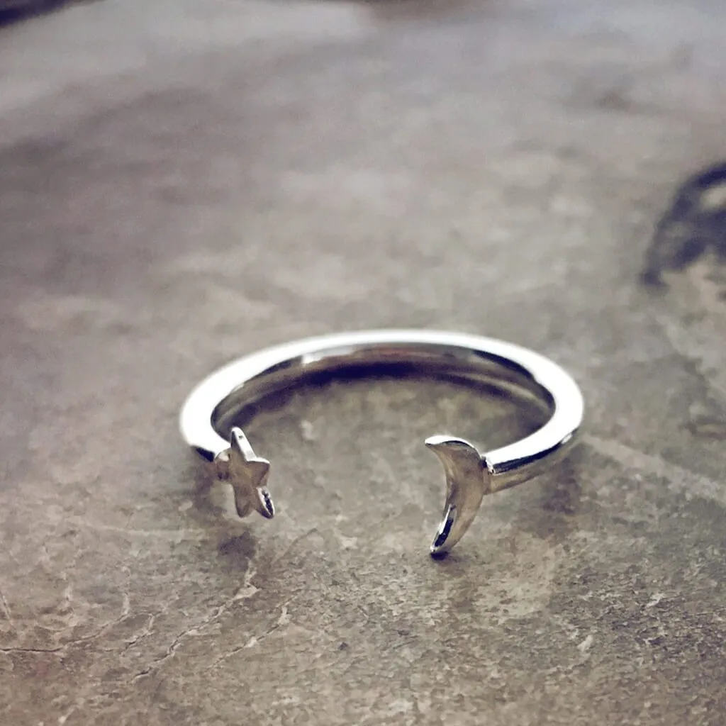 astral // sterling silver adjustable star and moon gap ring