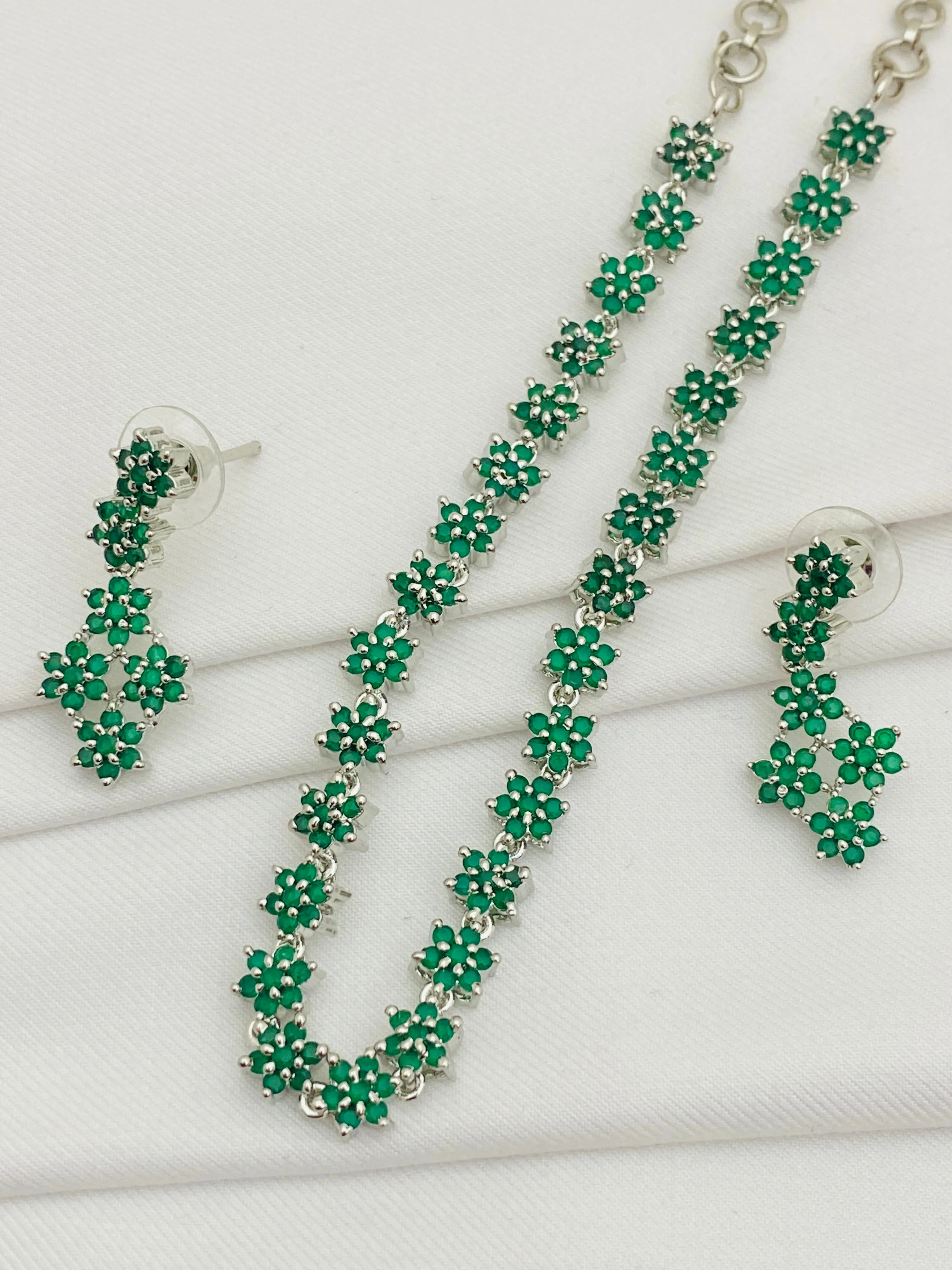 Attractive Green Color Premium American Diamond Necklace Set For Women