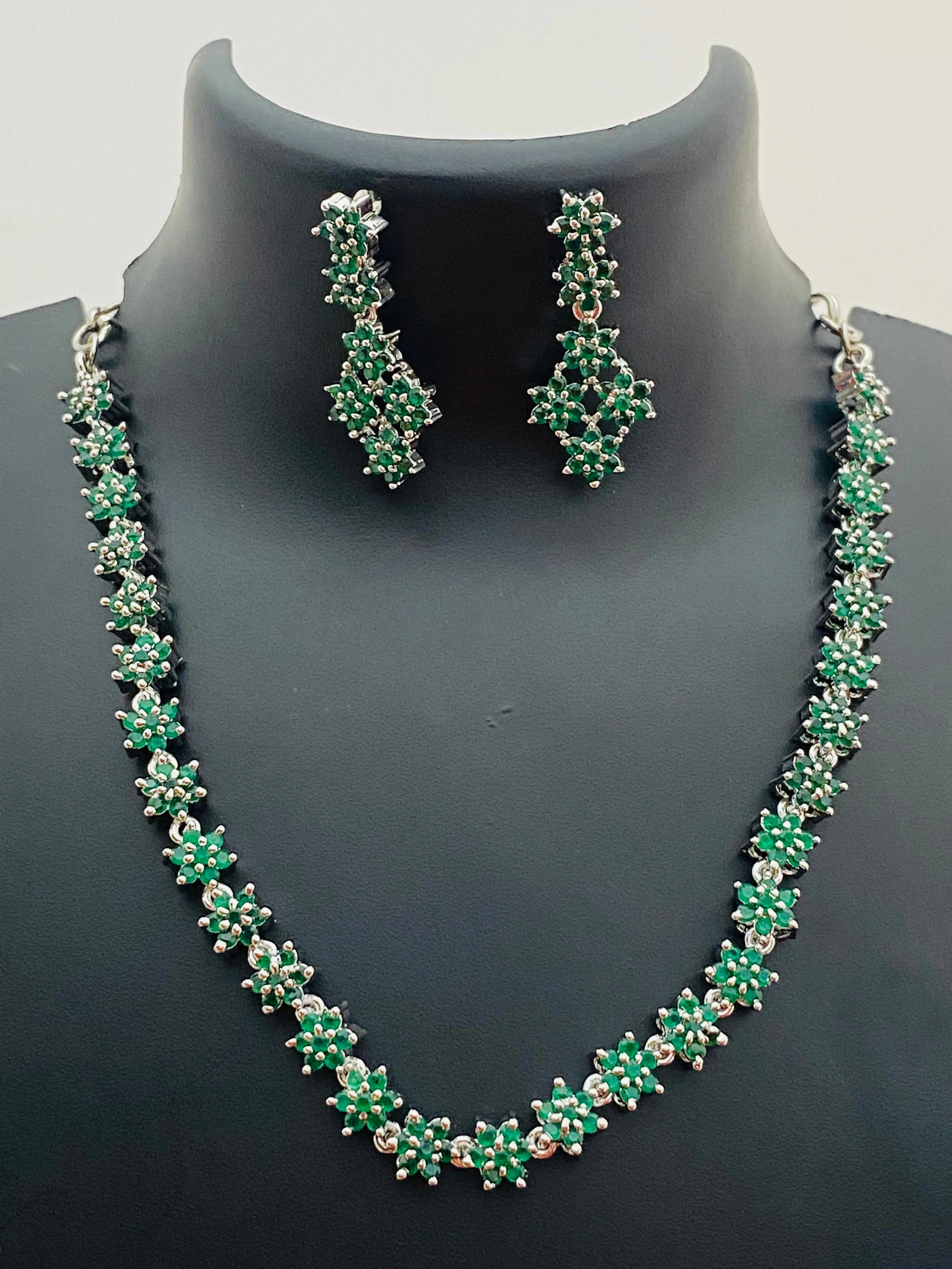 Attractive Green Color Premium American Diamond Necklace Set For Women