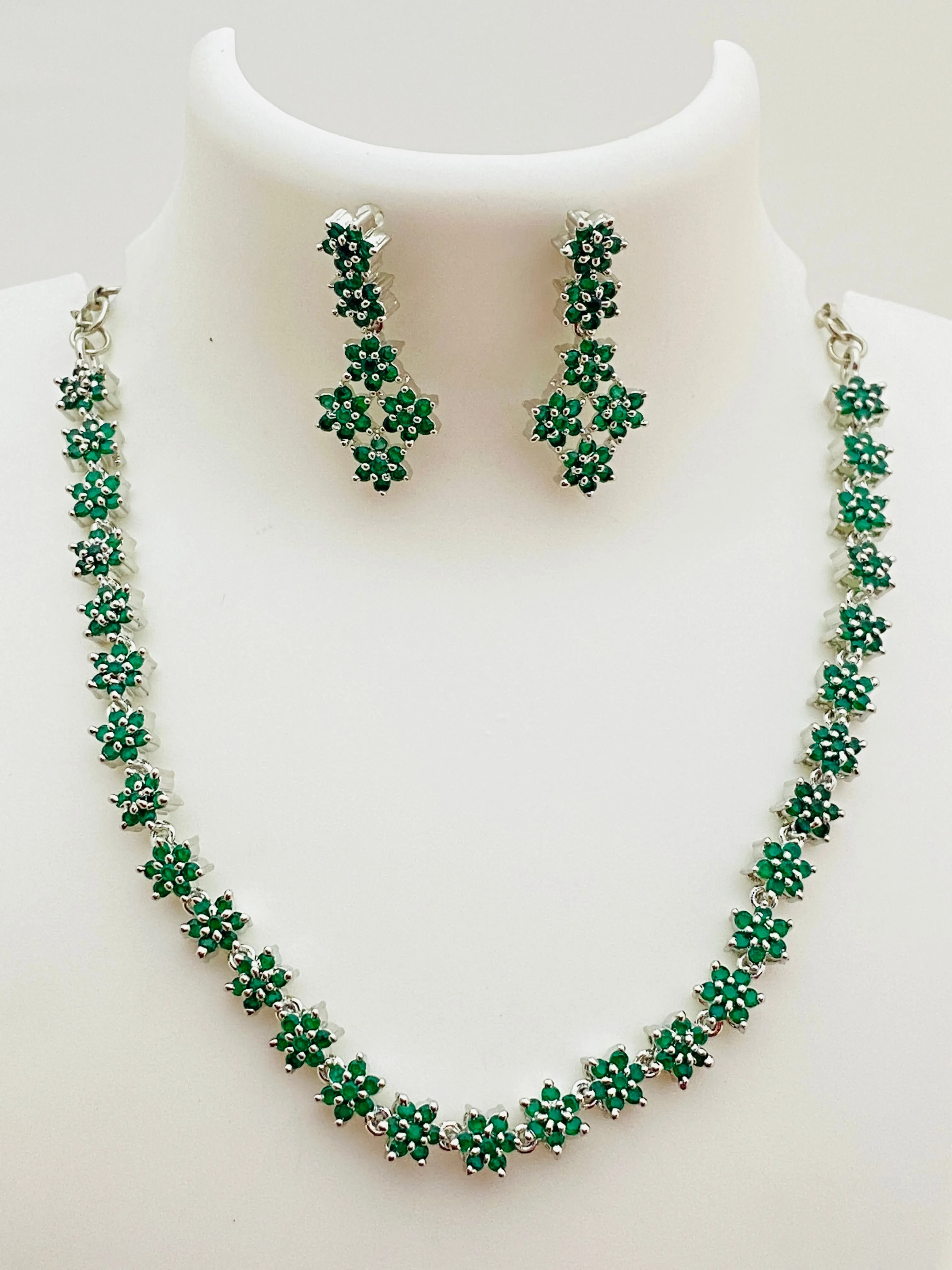 Attractive Green Color Premium American Diamond Necklace Set For Women