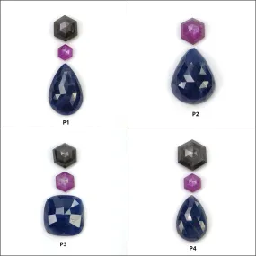 BLUE SILVER And Raspberry SAPPHIRE Gemstone Rose & Step Cut : Natural Untreated Sapphire Hexagon Pear Cushion Shape 2pcs 3pcs