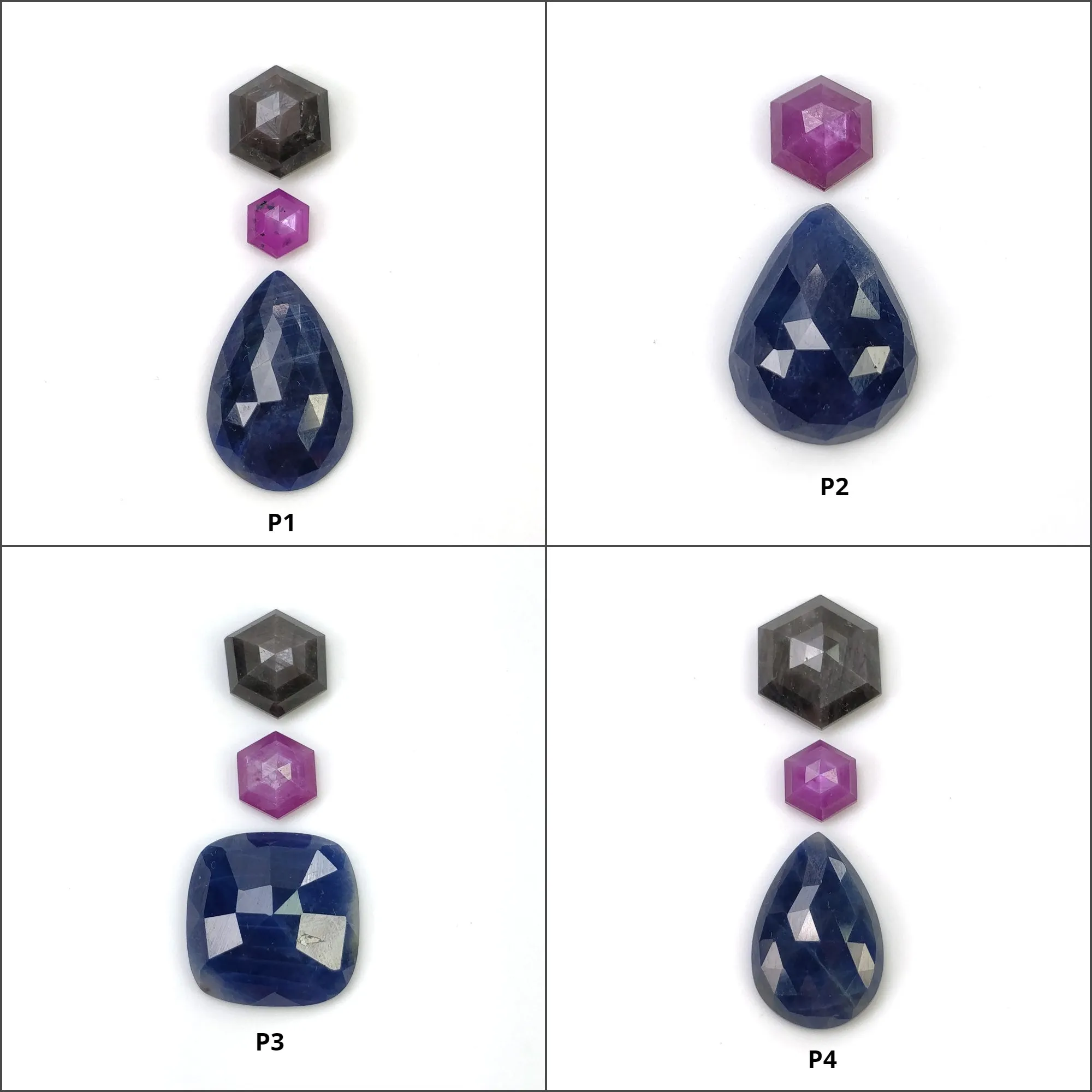 BLUE SILVER And Raspberry SAPPHIRE Gemstone Rose & Step Cut : Natural Untreated Sapphire Hexagon Pear Cushion Shape 2pcs 3pcs