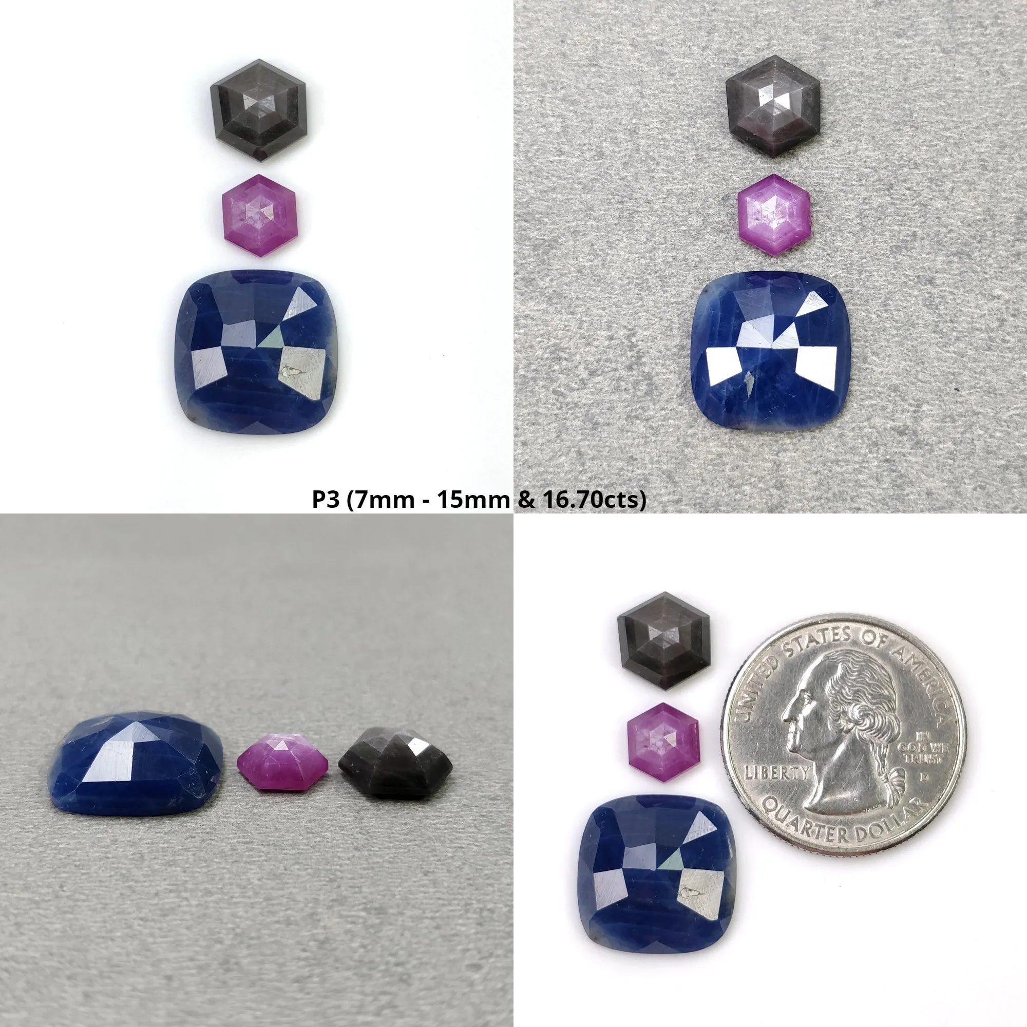 BLUE SILVER And Raspberry SAPPHIRE Gemstone Rose & Step Cut : Natural Untreated Sapphire Hexagon Pear Cushion Shape 2pcs 3pcs