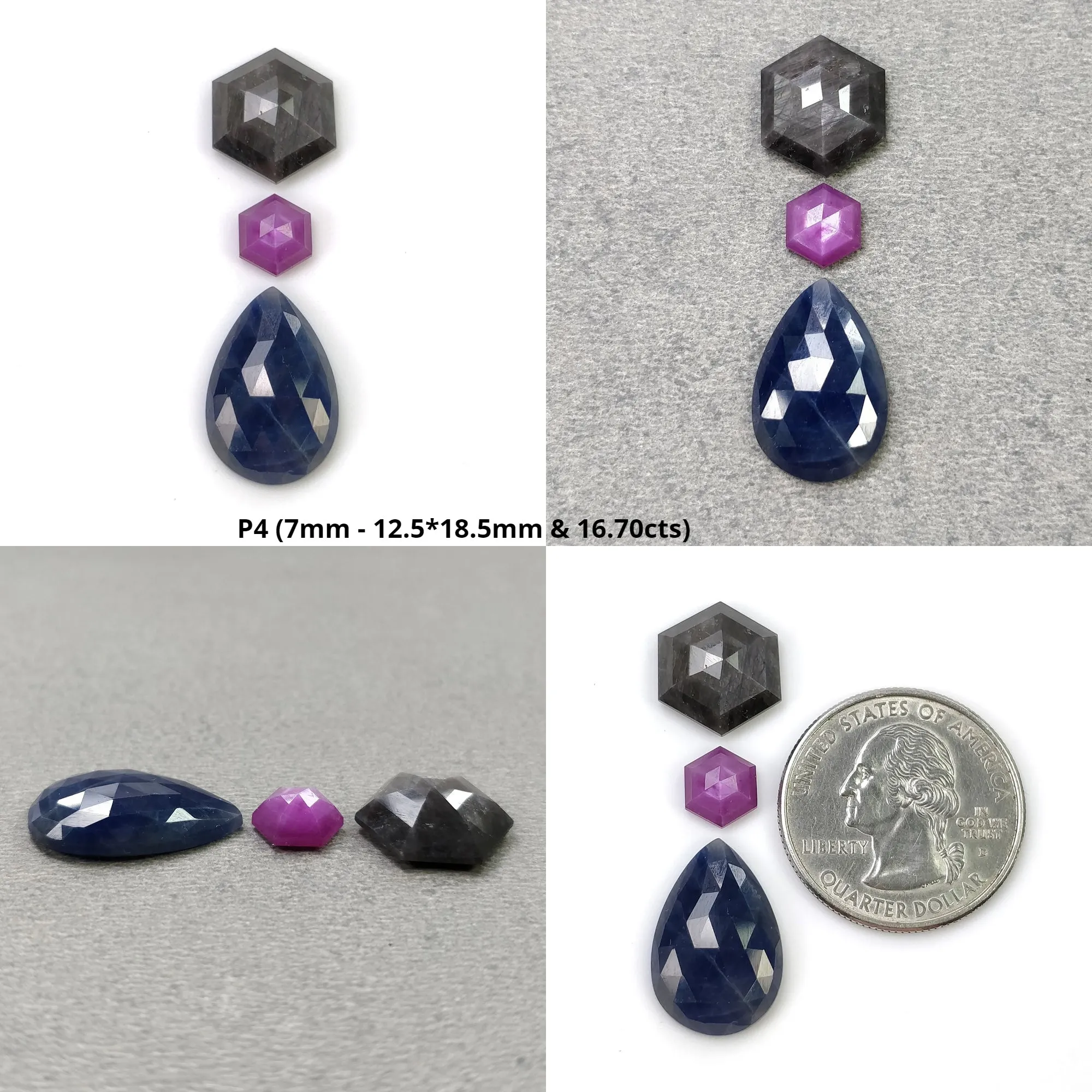 BLUE SILVER And Raspberry SAPPHIRE Gemstone Rose & Step Cut : Natural Untreated Sapphire Hexagon Pear Cushion Shape 2pcs 3pcs