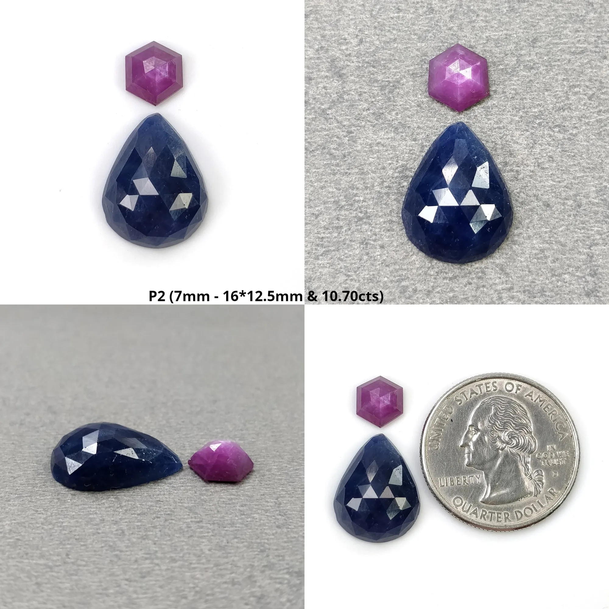 BLUE SILVER And Raspberry SAPPHIRE Gemstone Rose & Step Cut : Natural Untreated Sapphire Hexagon Pear Cushion Shape 2pcs 3pcs