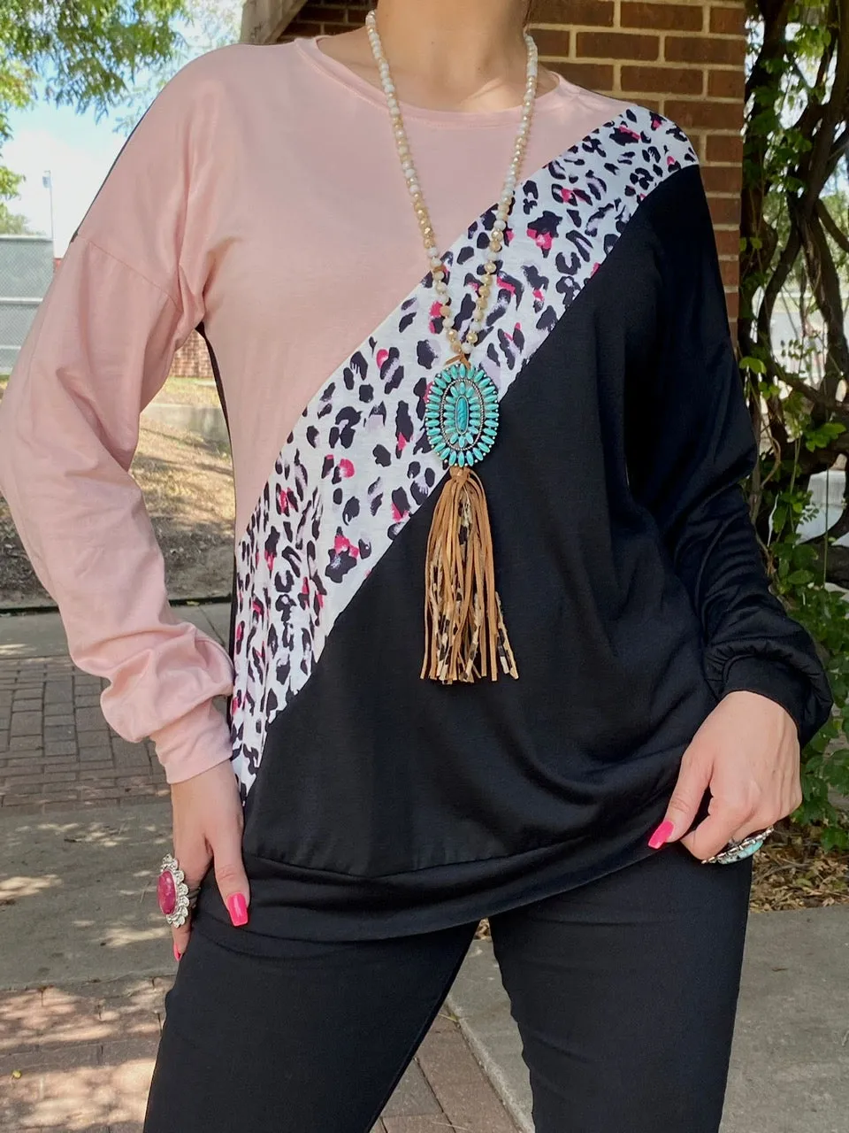 Blush, Leopard diagonal stripe, Black long sleeve top