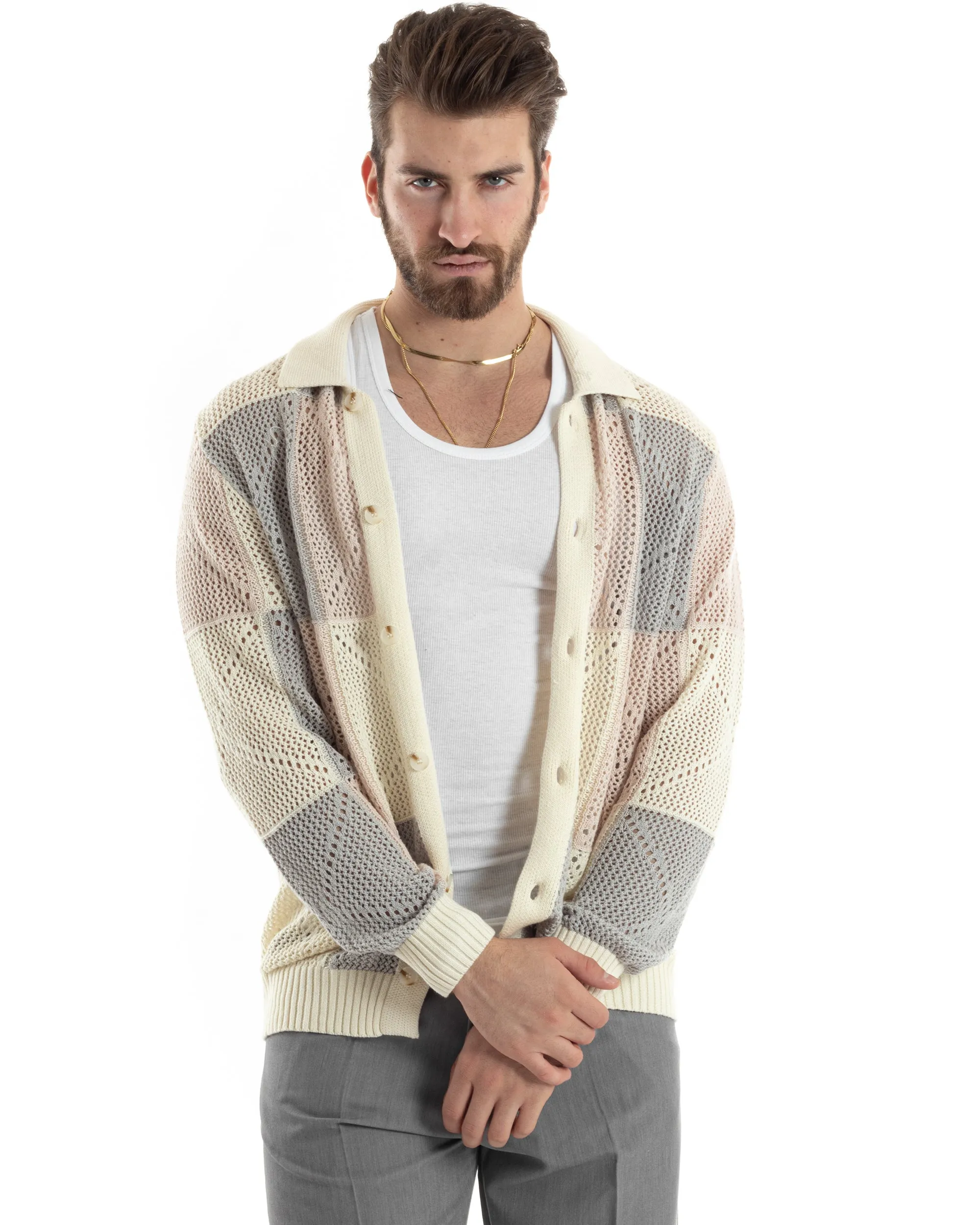 Cardigan Uomo Con Colletto Maglia Multicolore Polo Bucata Giacca Con Bottoni Beige Casual GIOSAL-M2816A