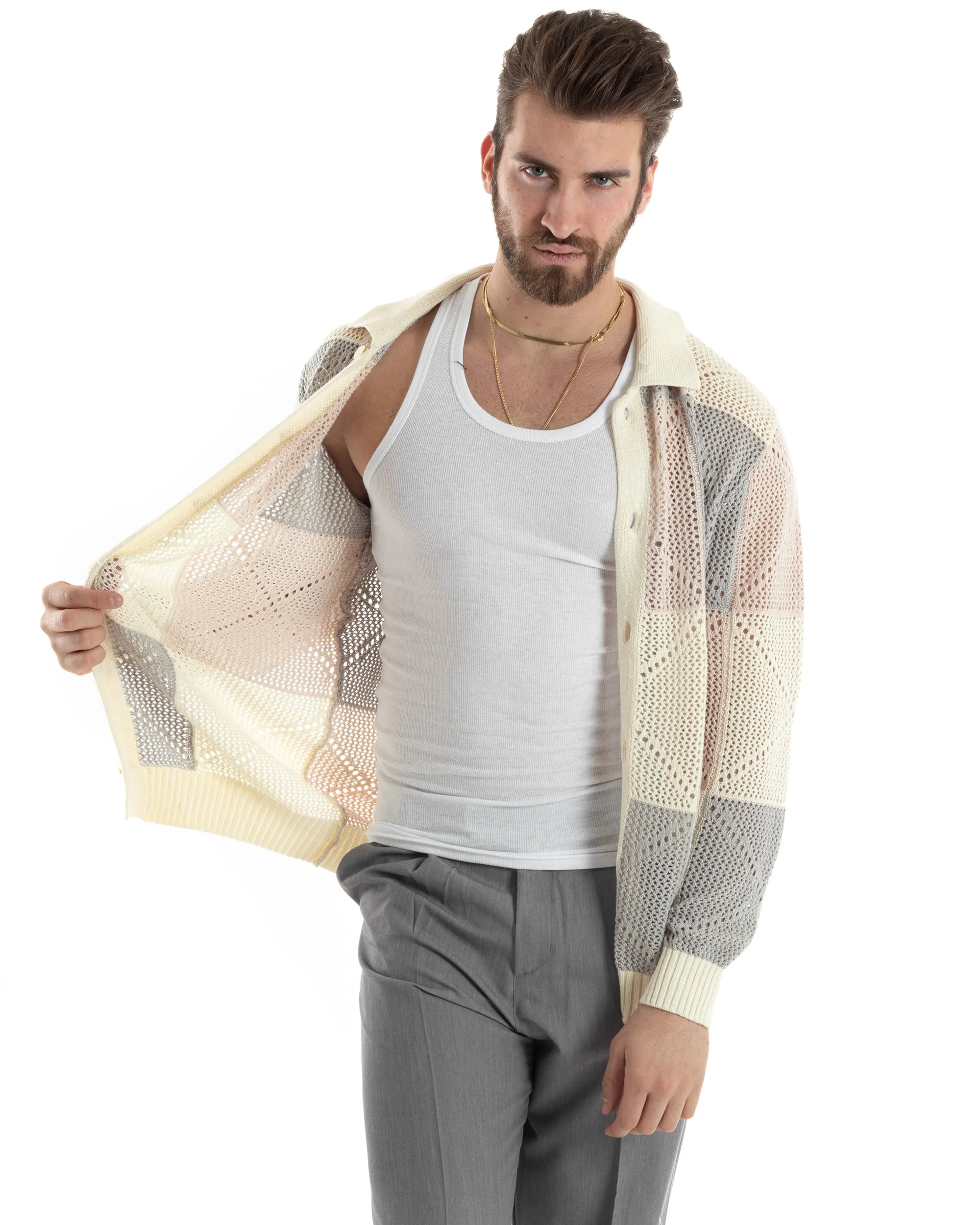 Cardigan Uomo Con Colletto Maglia Multicolore Polo Bucata Giacca Con Bottoni Beige Casual GIOSAL-M2816A