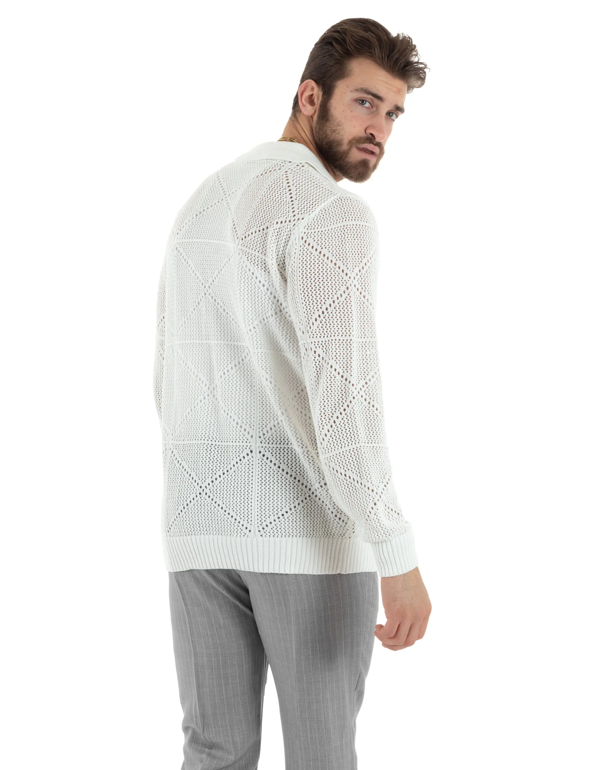 Cardigan Uomo Con Colletto Maglioncino Traforato Maglia Polo Bucata Giacca Con Bottoni Bianco Casual GIOSAL-M2808A