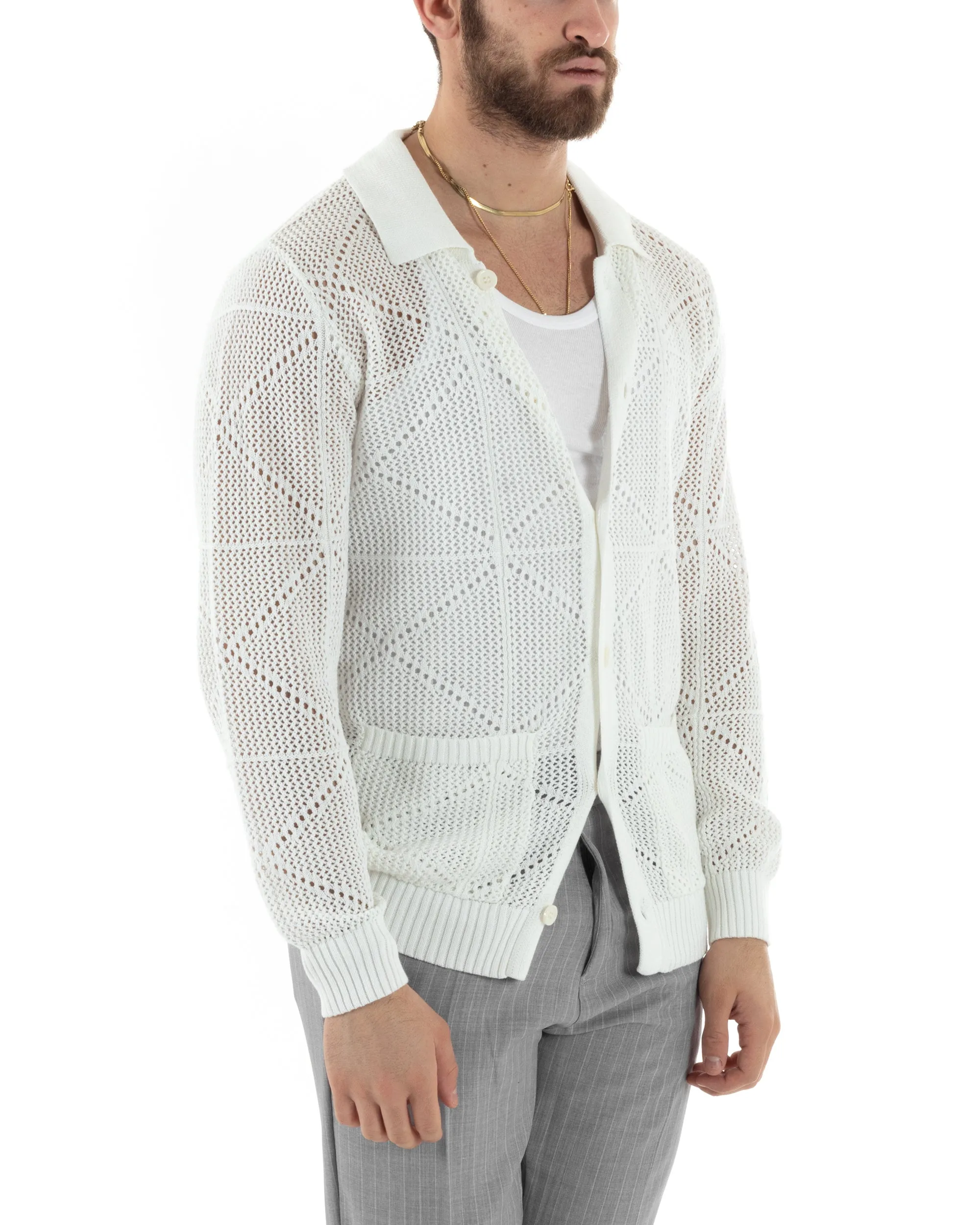 Cardigan Uomo Con Colletto Maglioncino Traforato Maglia Polo Bucata Giacca Con Bottoni Bianco Casual GIOSAL-M2808A