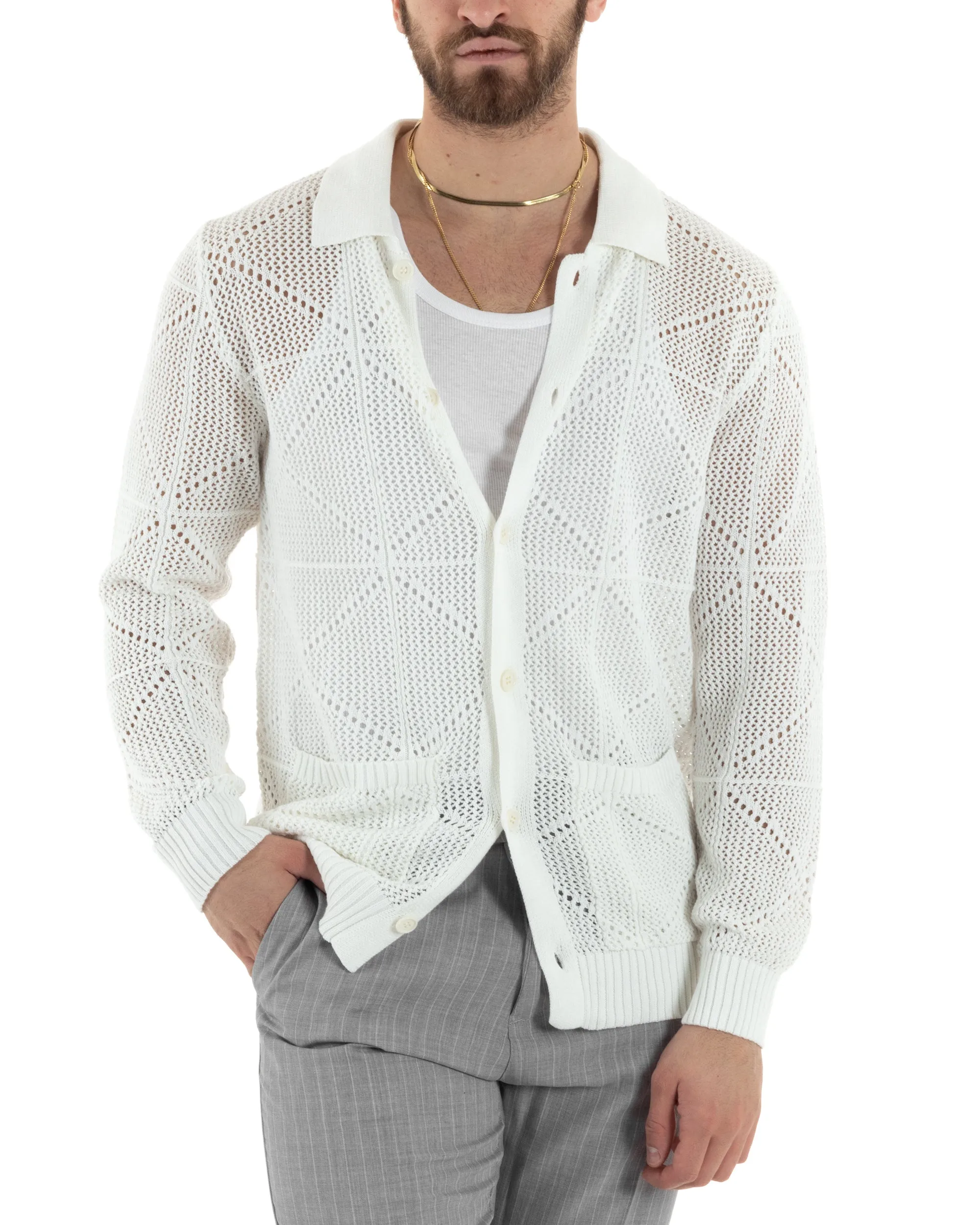 Cardigan Uomo Con Colletto Maglioncino Traforato Maglia Polo Bucata Giacca Con Bottoni Bianco Casual GIOSAL-M2808A