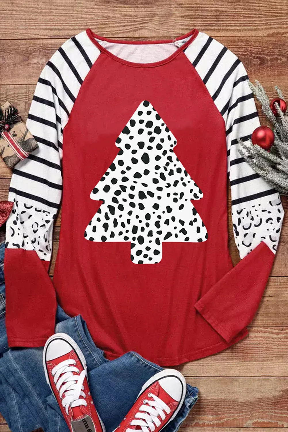 Christmas Tree Leopard Striped Long Sleeve Tops Xmas T-Shirt