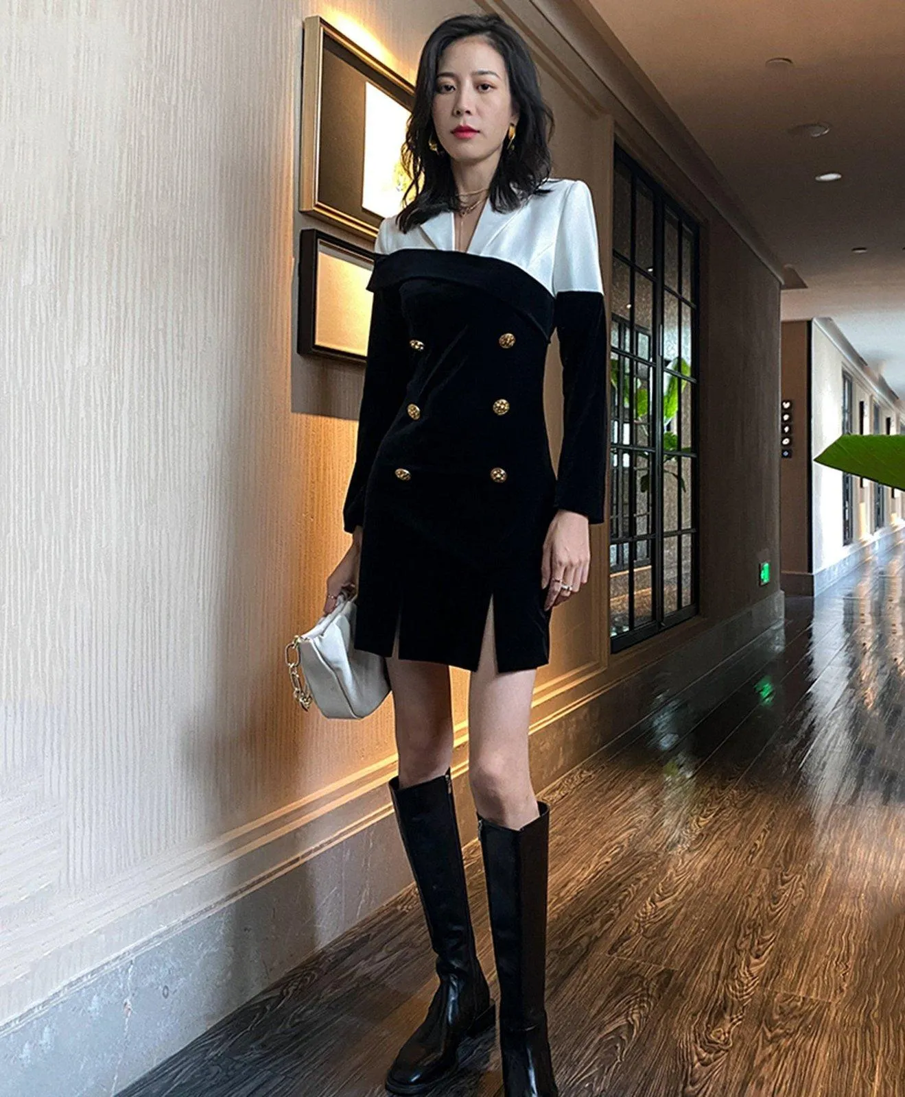 Colorblock Velvet Double Breasted Long Sleeve Blazer Dress