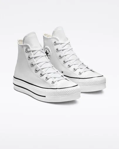 Converse Chuck Taylor Lift Hi Platform Pelle Bianco Rigo Nero 561676C