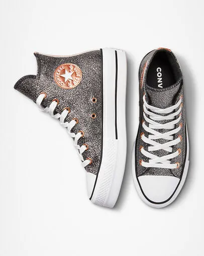 Converse women's high wedge sneakers Chuck Taylor All Star Lift Platform Metallic Glitter A01301C black-copper-white 