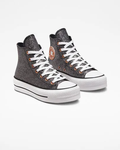 Converse women's high wedge sneakers Chuck Taylor All Star Lift Platform Metallic Glitter A01301C black-copper-white 