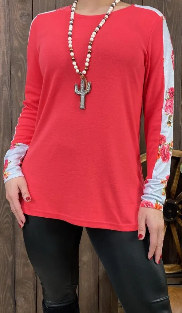 Coral Red Top with white floral stripe long sleeves