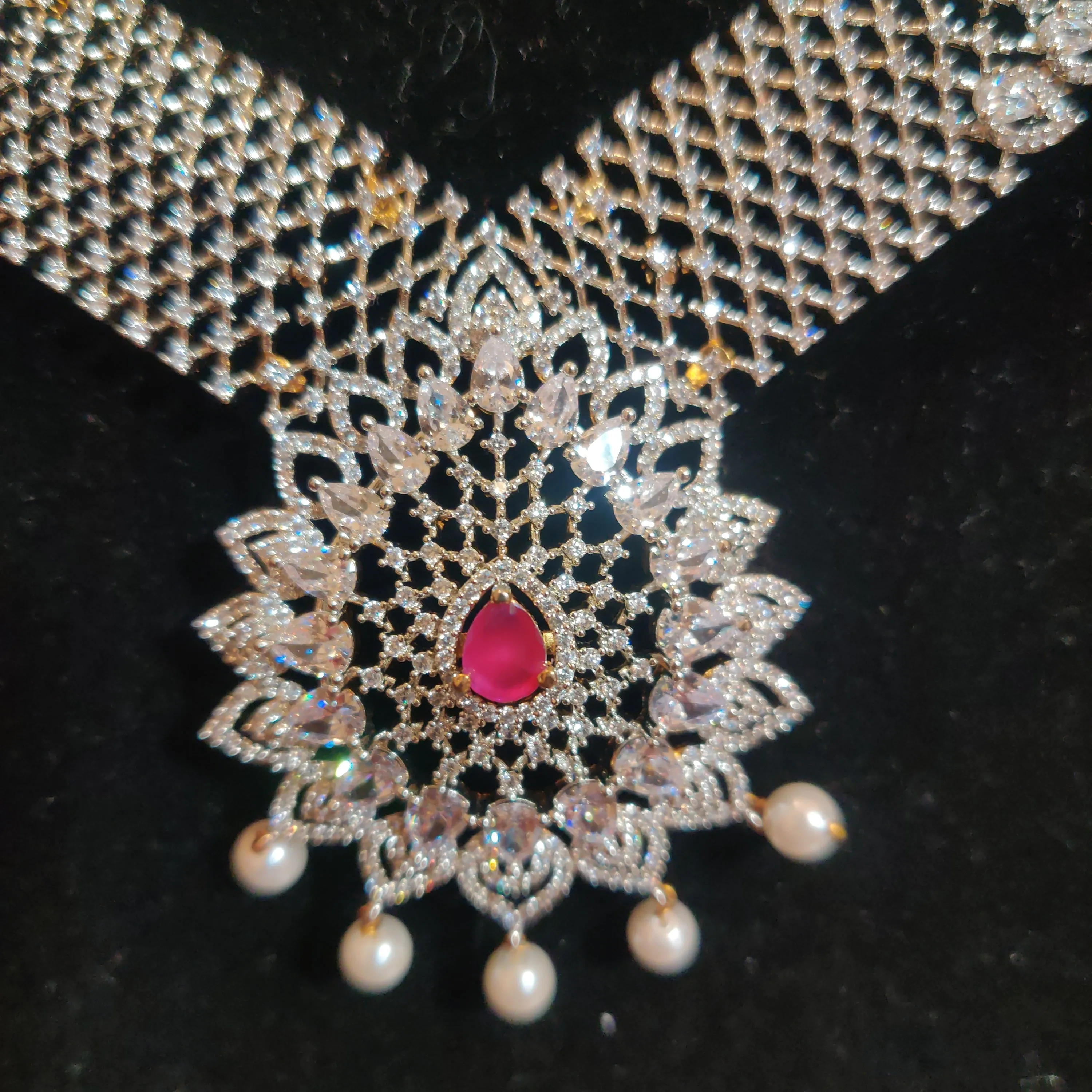 Dazzling Pink Stoned Desinger Long Necklace With Double Step Jumkha Earrings