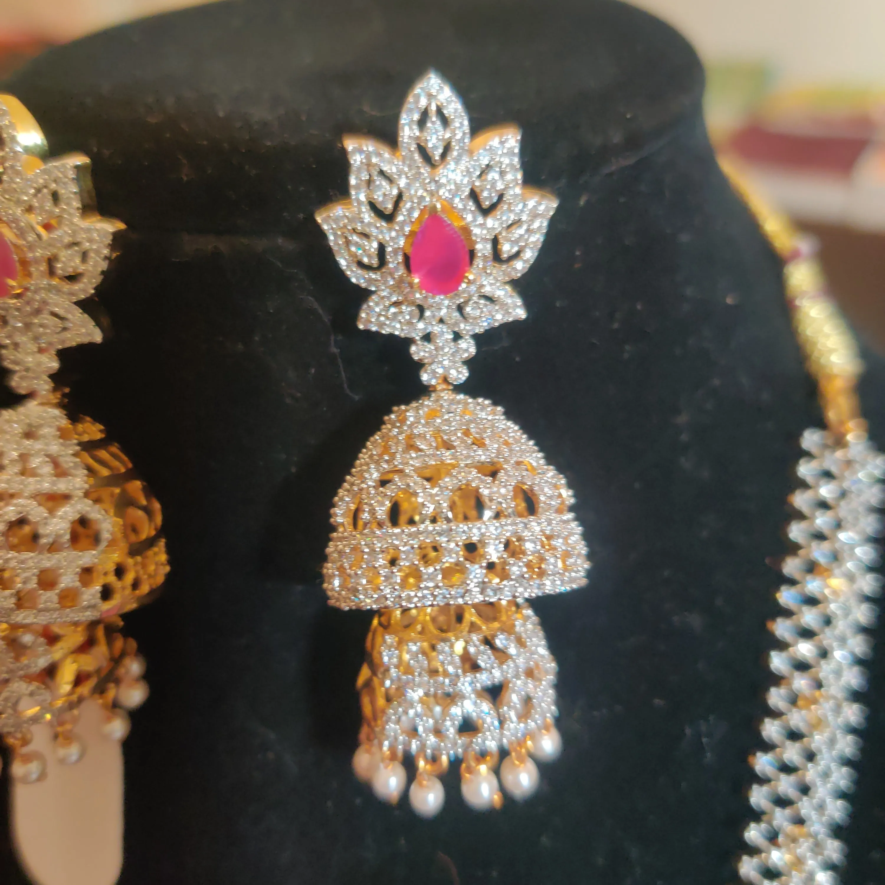 Dazzling Pink Stoned Desinger Long Necklace With Double Step Jumkha Earrings