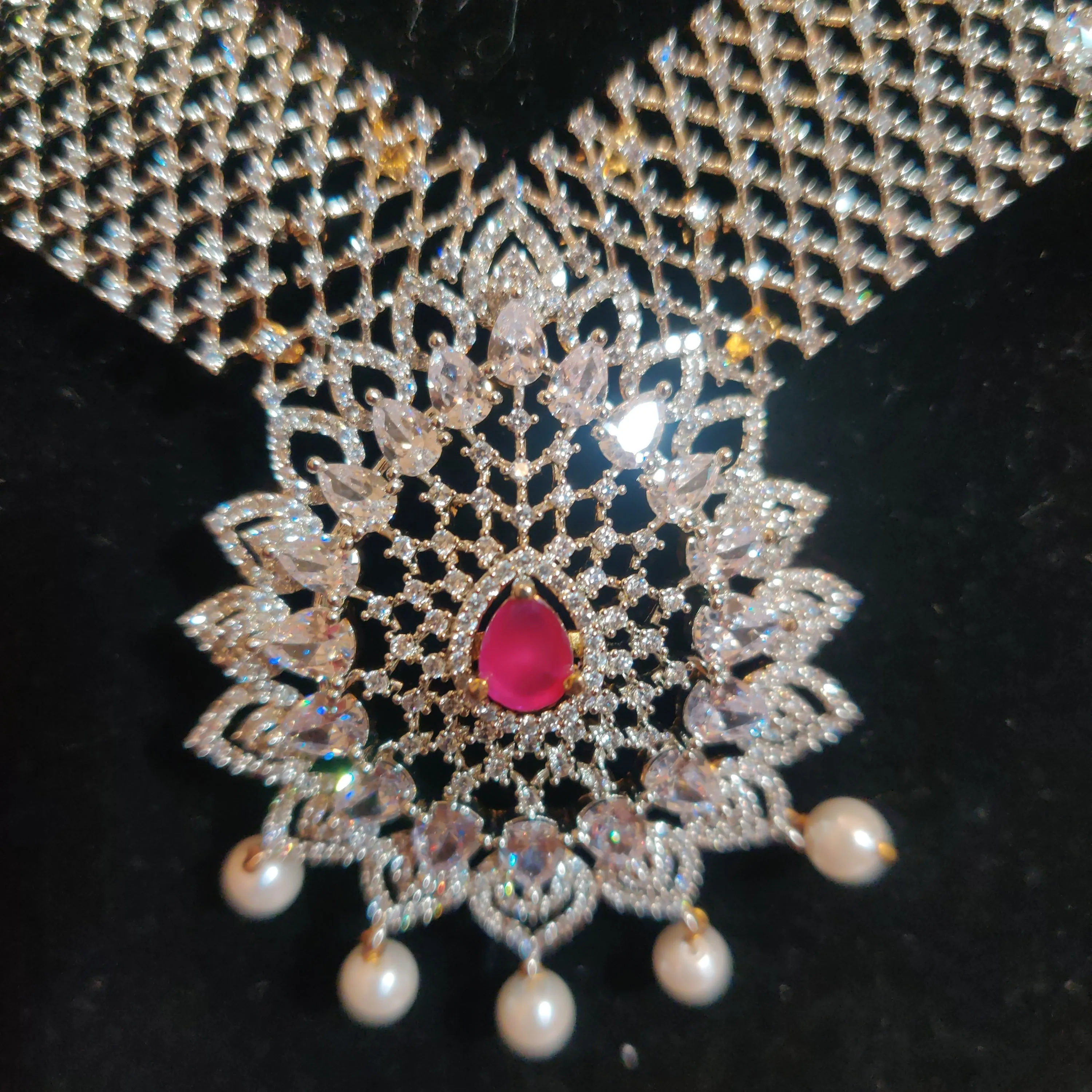 Dazzling Pink Stoned Desinger Long Necklace With Double Step Jumkha Earrings