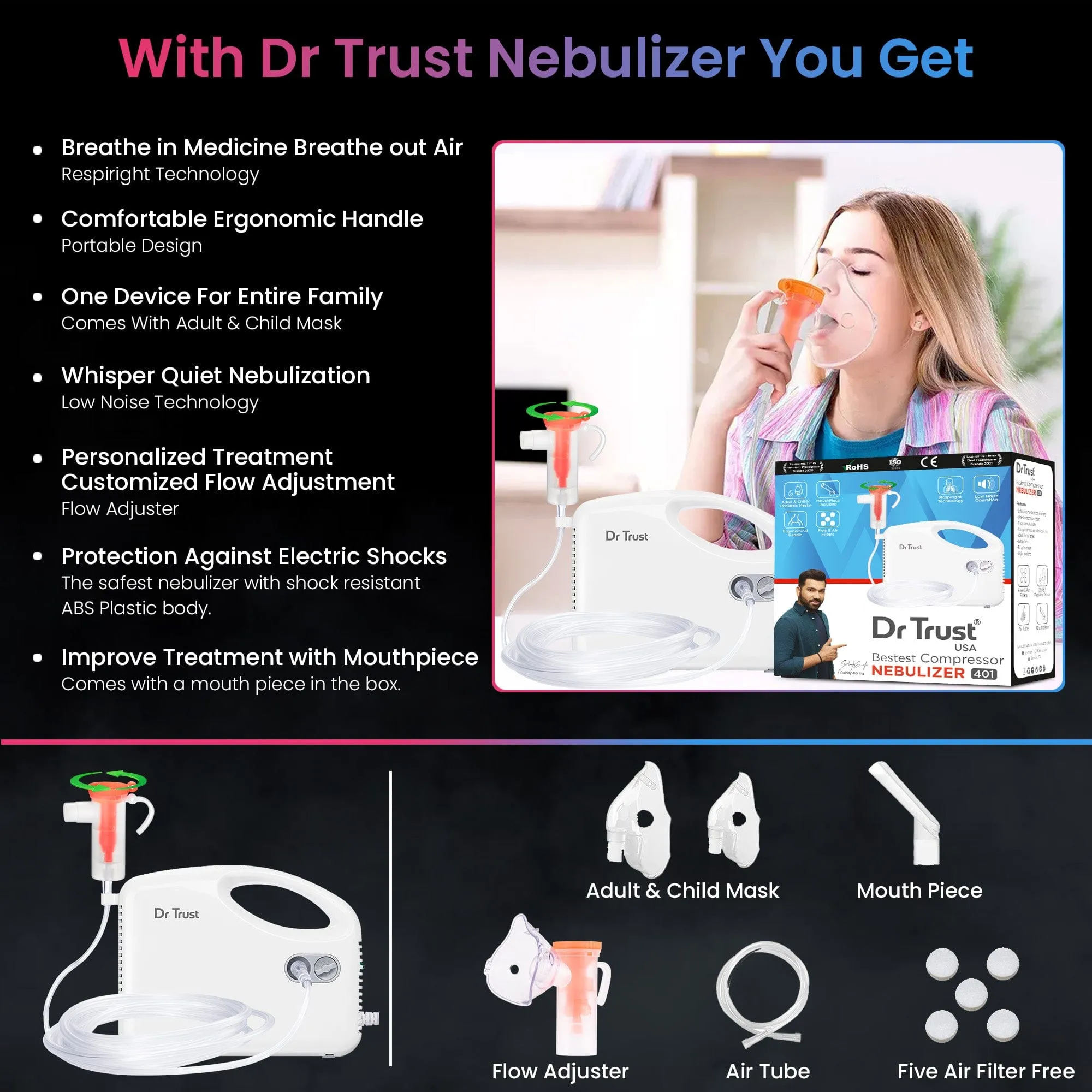 Dr Trust USA Bestest Handyneb Compressor Nebulizer Machine For Kids and Adults for Cold, Cough, Congestion, Allergies, and Respiratory Ailments 401WB