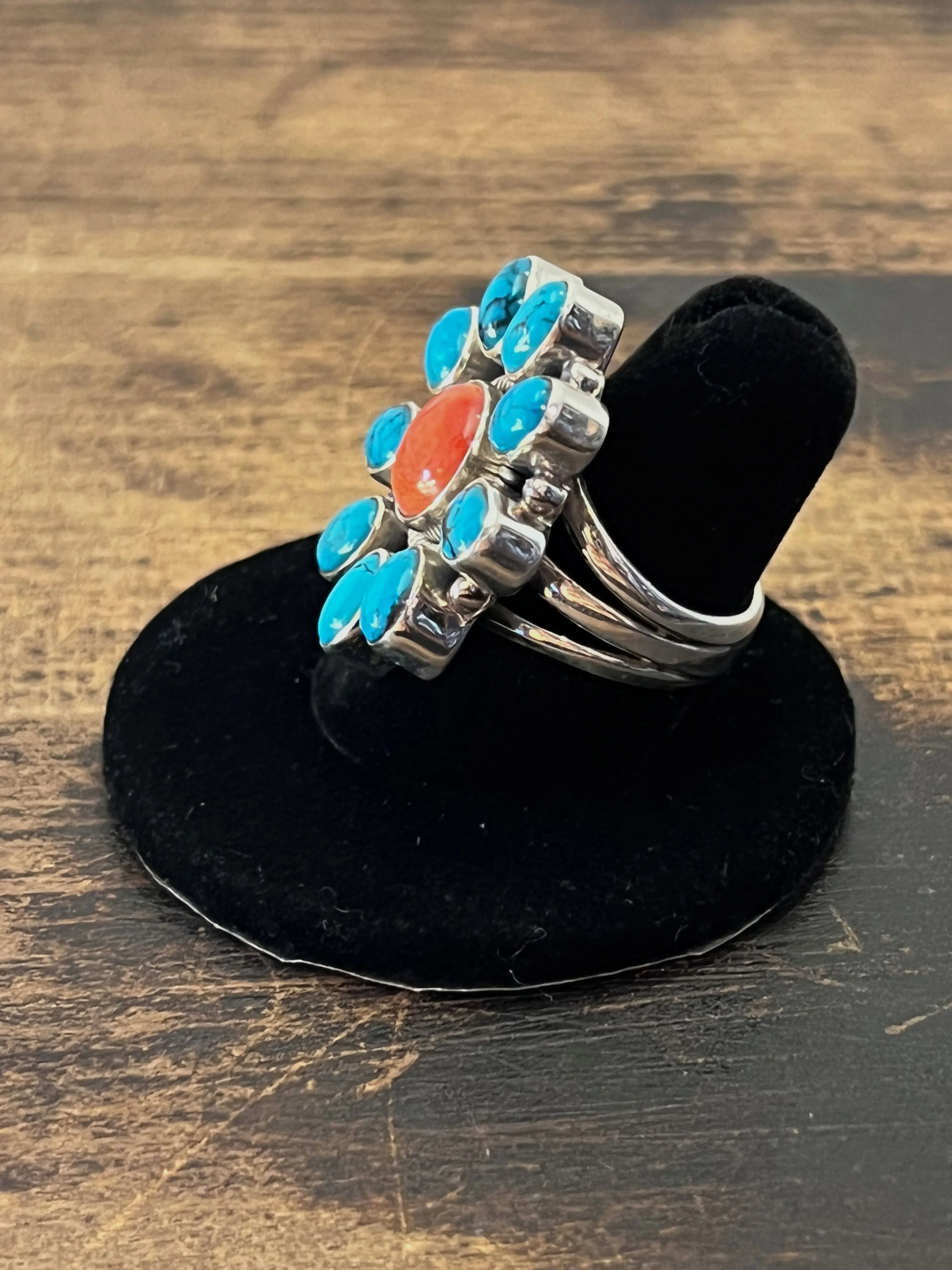 FLOWER POWER Sterling Silver Coral & Howlite Shadowbox Ring, Size 7