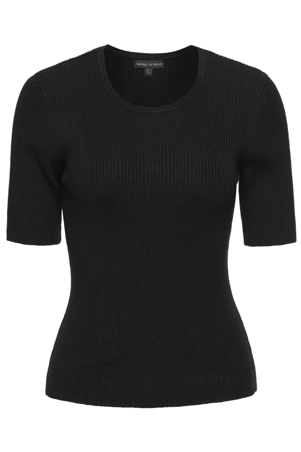 Graceful Black Rib Knit Half Sleeve Crew Neck Top