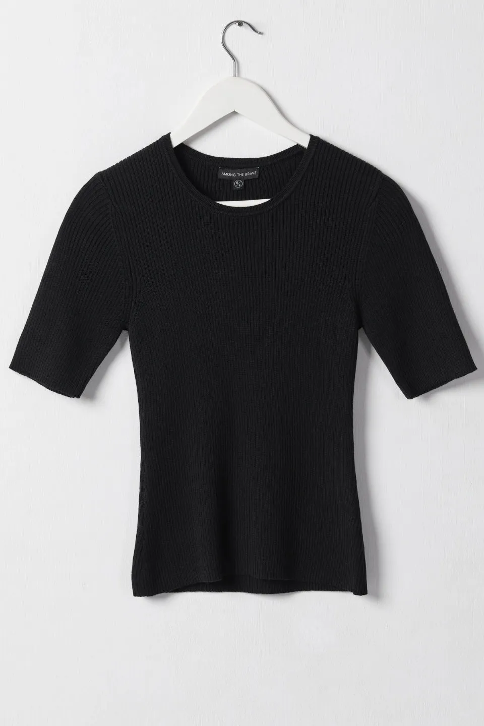 Graceful Black Rib Knit Half Sleeve Crew Neck Top