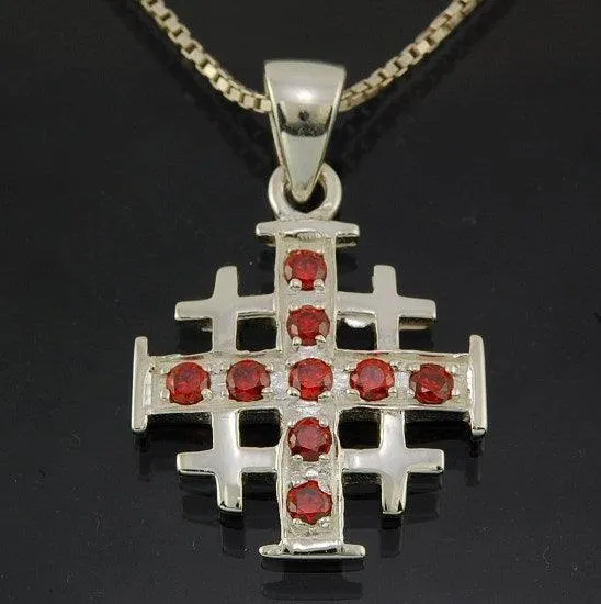 Jerusalem Cross Silver Pendant with Red Gemstones   925 Silver Necklace