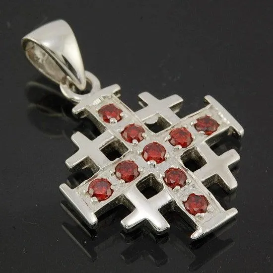 Jerusalem Cross Silver Pendant with Red Gemstones   925 Silver Necklace