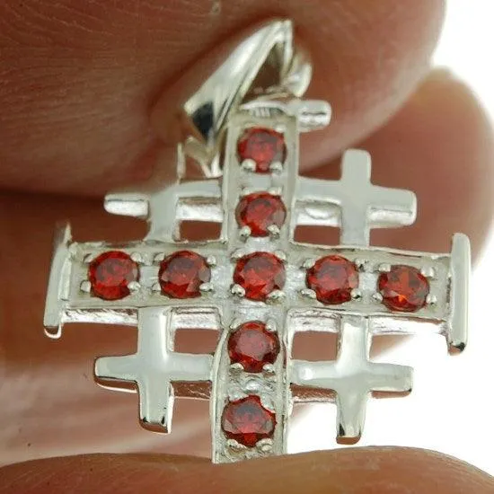 Jerusalem Cross Silver Pendant with Red Gemstones   925 Silver Necklace