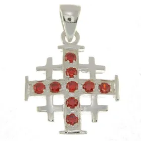 Jerusalem Cross Silver Pendant with Red Gemstones   925 Silver Necklace