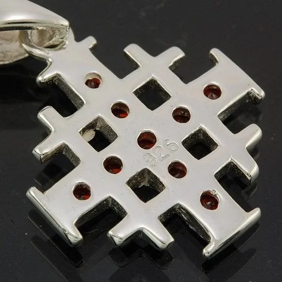 Jerusalem Cross Silver Pendant with Red Gemstones   925 Silver Necklace