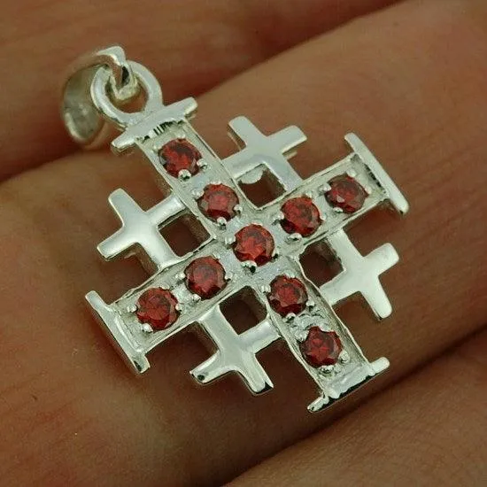 Jerusalem Cross Silver Pendant with Red Gemstones   925 Silver Necklace