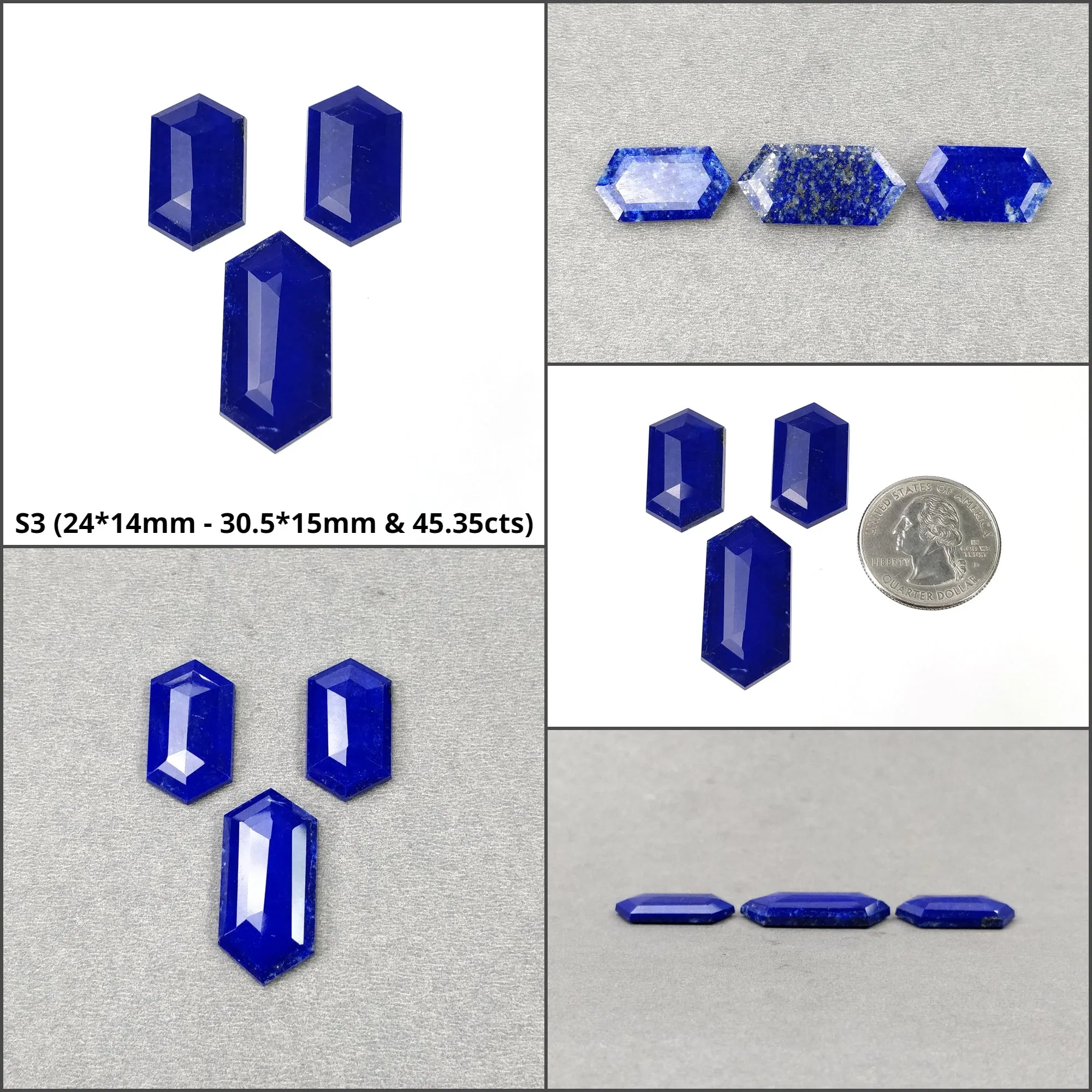 Lapis Lazuli Gemstone Step Cut : Natural Untreated Unheated Blue Lapis Hexagon Shape 3pcs Set