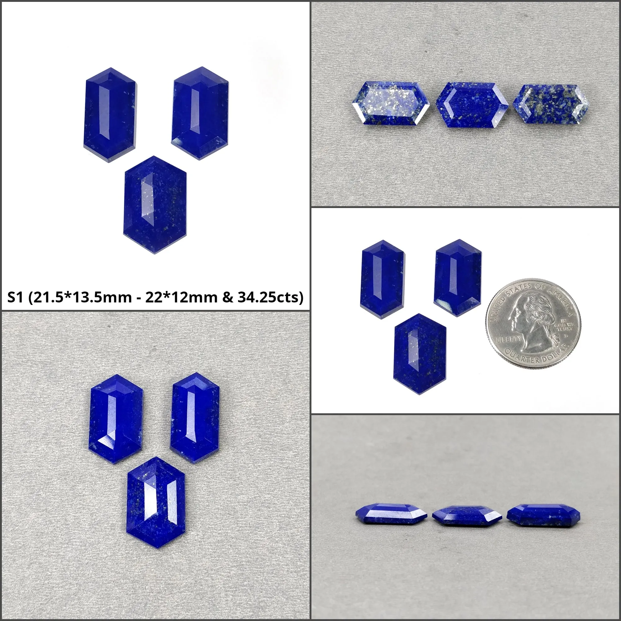 Lapis Lazuli Gemstone Step Cut : Natural Untreated Unheated Blue Lapis Hexagon Shape 3pcs Set