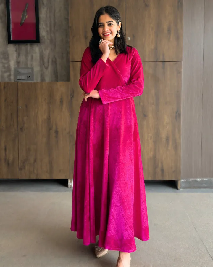 Magenta Pink Fit and Flare Long Velvet Dress