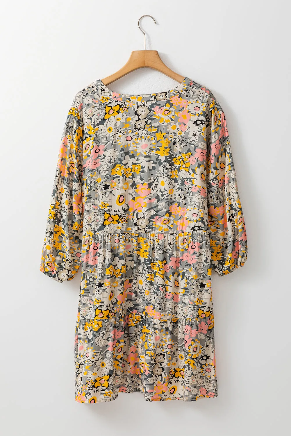 Multicolor Buttoned Crew Neck 3/4 Sleeve Floral Dress